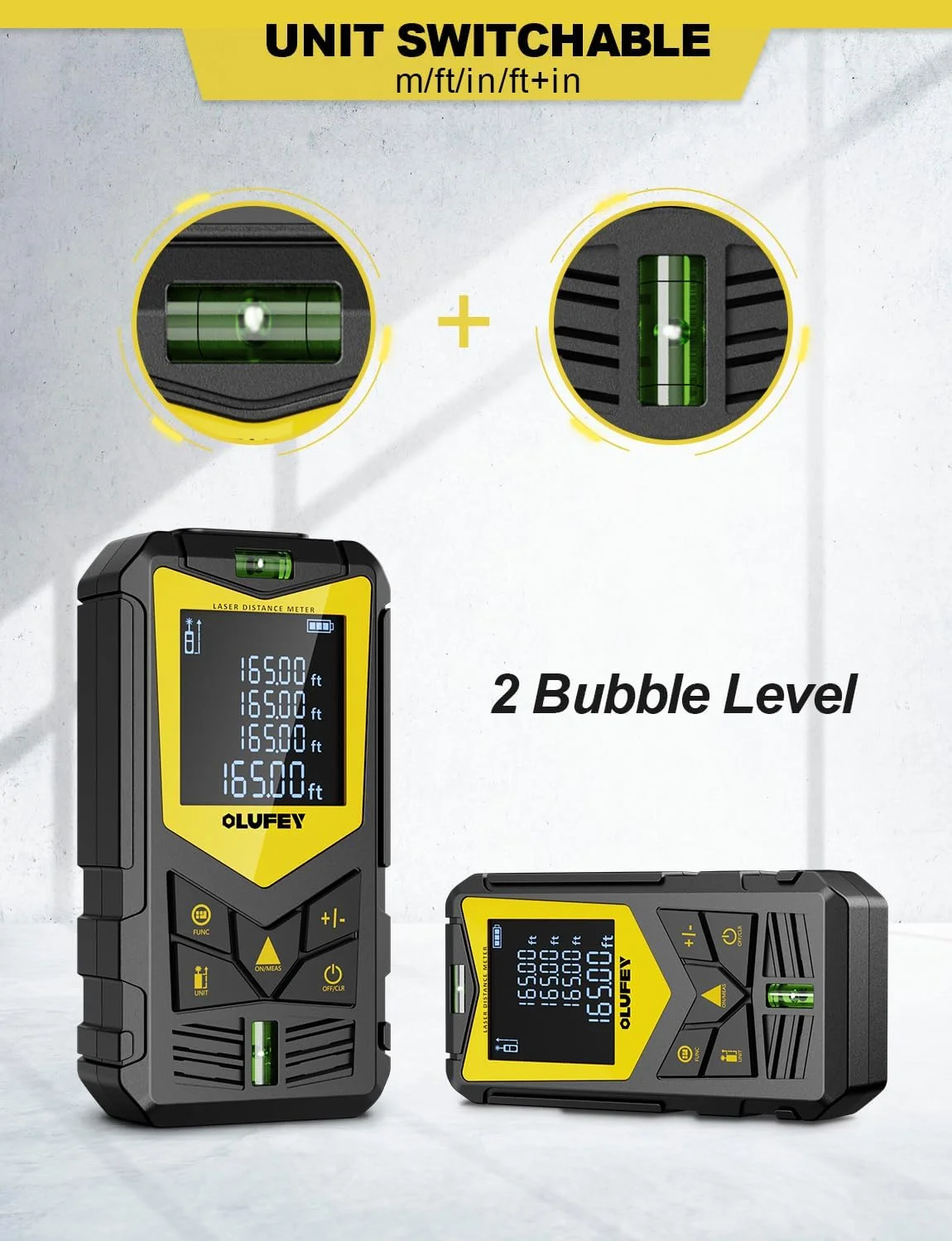 متر لیزری، دستگاه متر فاصله لیزری ابزار اندازه گیری دیجیتال قابل حمل IP54 با ترازهای حبابی و صفحه نمایش LCD با نور پس زمینه