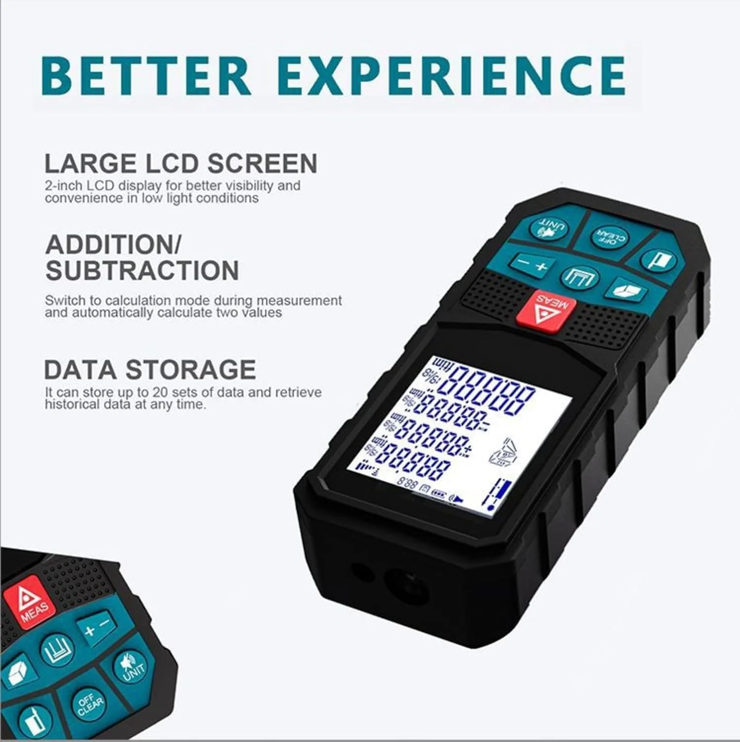 ابزار اندازه گیری لیزری XISICIAO، متر لیزری قابل حمل، مسافت یاب لیزری دیجیتال با زاویه ی واقعی و صفحه نمایش LCD ضد آب، متل لیزری