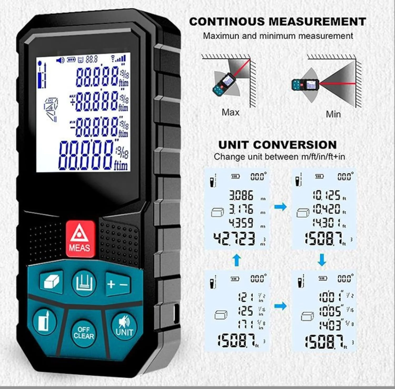 ابزار اندازه گیری لیزری XISICIAO، متر لیزری قابل حمل، مسافت یاب لیزری دیجیتال با زاویه ی واقعی و صفحه نمایش LCD ضد آب، متل لیزری