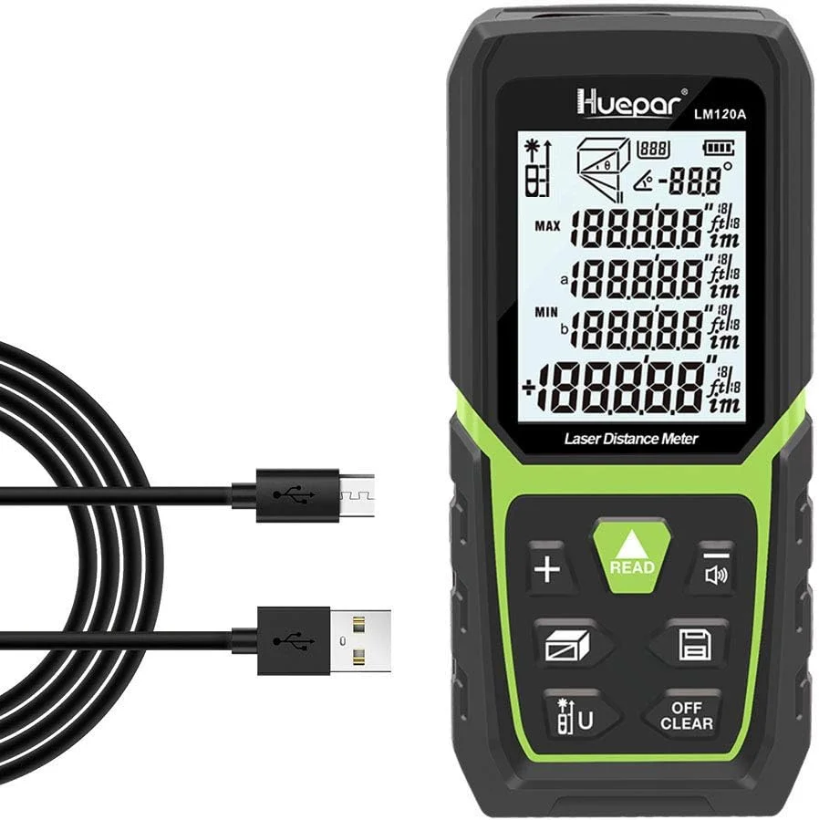 متر لیزری Huepar با برد 120 متر، باتری لیتیوم یونی و حسگر زاویه الکتریکی، صفحه نمایش LCD با نور پس زمینه، حالت های اندازه گیری چندگانه با دقت بالا، فیثاغورس، فاصله، مساحت و حجم