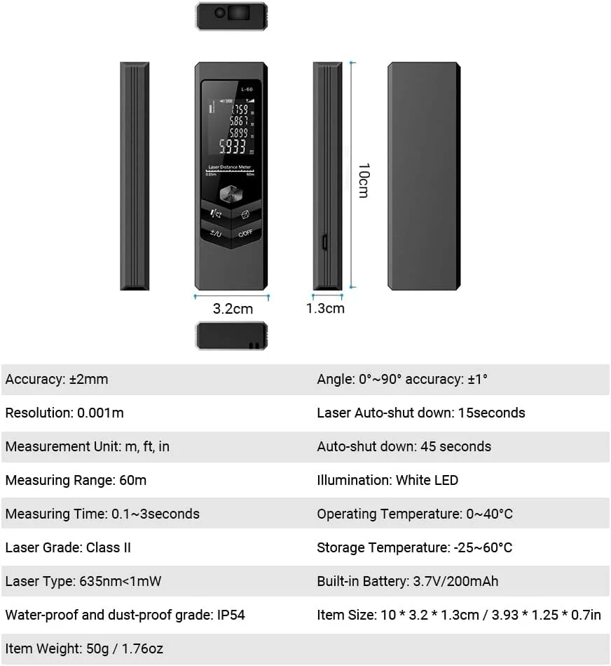 فاصله یاب دستی موریلیان، مینی متر دیجیتال اندازه گیری فاصله، متر لیزری قابل حمل الکترونیکی برای اندازه گیری زاویه، فضای افقی، مساحت و حجم