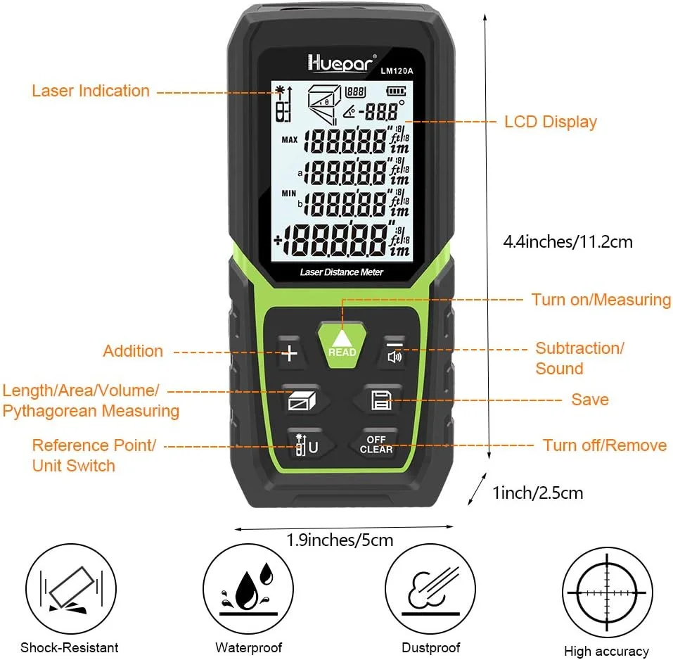 متر لیزری Huepar با برد 120 متر، باتری لیتیوم یونی و حسگر زاویه الکتریکی، صفحه نمایش LCD با نور پس زمینه، حالت های اندازه گیری چندگانه با دقت بالا، فیثاغورس، فاصله، مساحت و حجم متر لیزری Huepar با برد 120 متر، باتری لیتیوم یونی و حسگر زاویه الکتریکی، صفحه نمایش LCD با نور پس زمینه، حالت های اندازه گیری چندگانه با دقت بالا، فیثاغورس، فاصله، مساحت و حجم