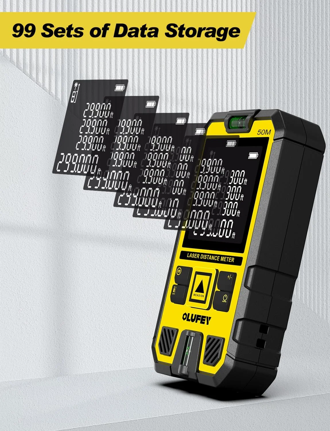 متر لیزری OLUFEY، ابزار اندازه گیری دیجیتال قابل حمل IP54 با ترازهای حبابی و نور پس زمینه LCD