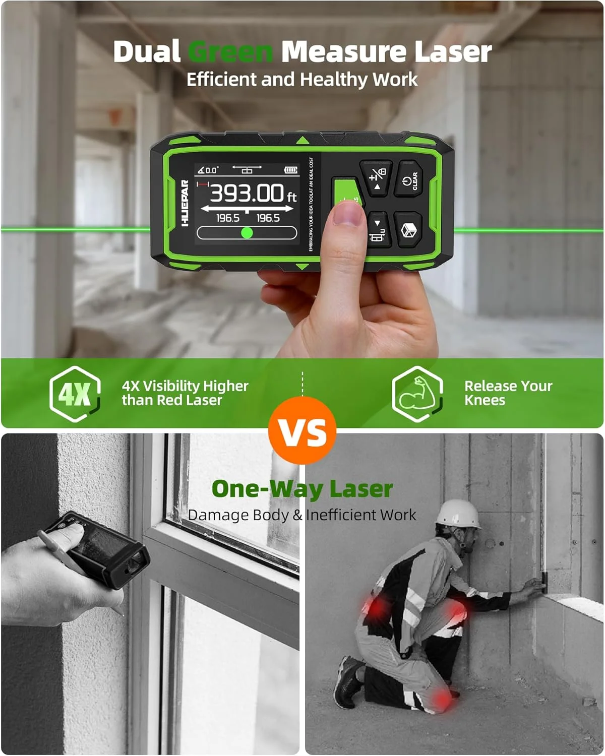 ابزار اندازه گیری لیزری دوگانه Huepar، اندازه گیری فاصله لیزری دیجیتال دو طرفه با پرتو سبز، 6 واحد فوت/اینچ/متر، ابزار اندازه گیری لیزری قابل شارژ - صفحه نمایش LCD با نور پس زمینه، سنسور طول/مساحت/حجم/زاویه