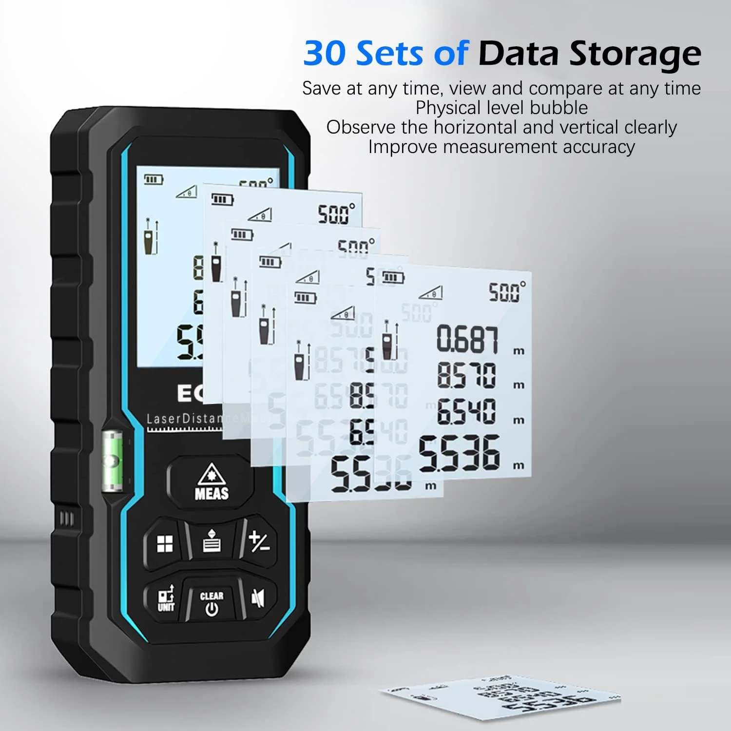 فاصله یاب Ecvv، متر فاصله، ابزار اندازه گیری لیزری دیجیتال قابل حمل، اندازه گیری مساحت و حجم، برد 60 متری با تراز حبابی و صفحه نمایش 4 خطی LCD