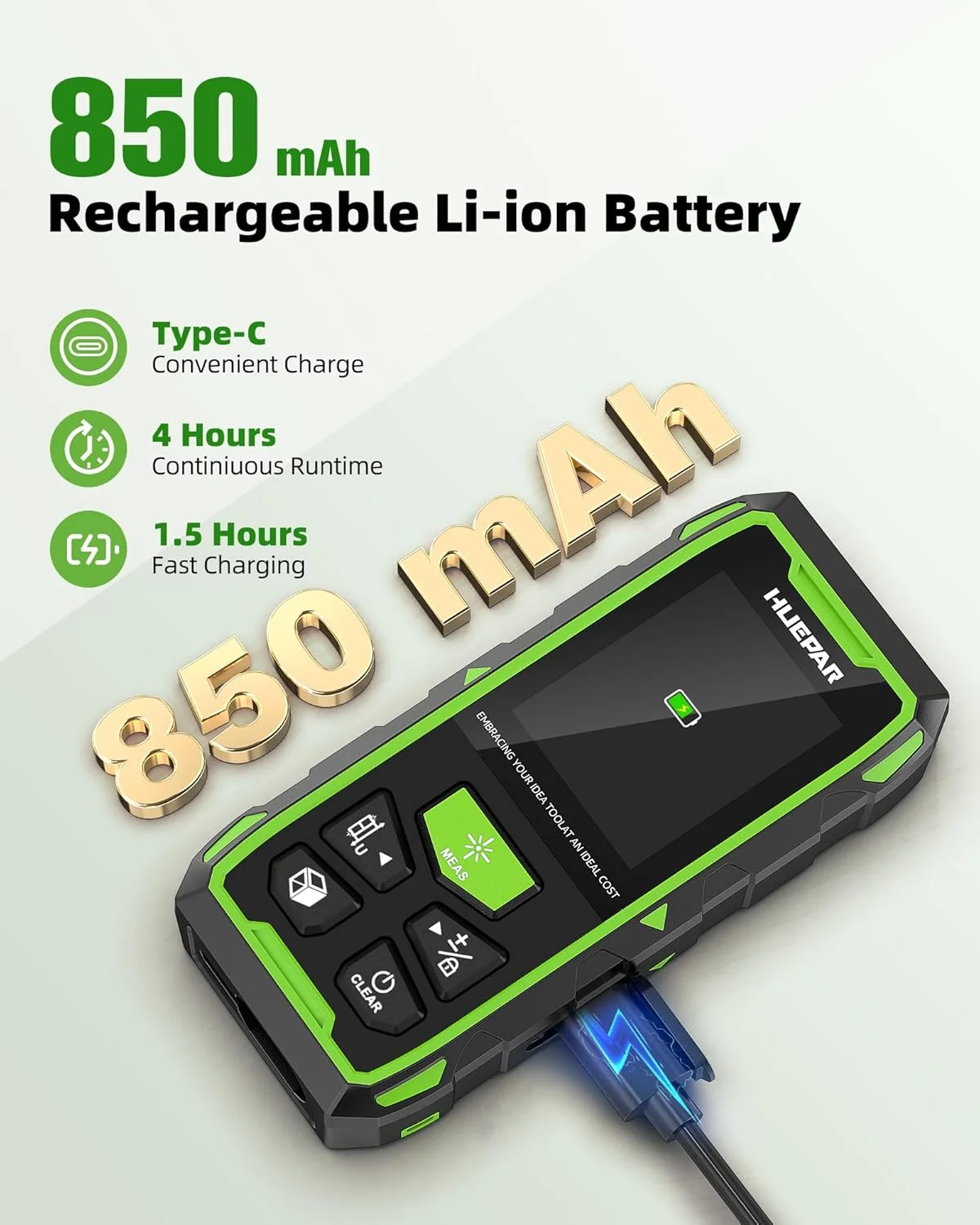 ابزار اندازه گیری لیزری دوگانه Huepar، اندازه گیری فاصله لیزری دیجیتال دو طرفه با پرتو سبز، 6 واحد فوت/اینچ/متر، ابزار اندازه گیری لیزری قابل شارژ - صفحه نمایش LCD با نور پس زمینه، سنسور طول/مساحت/حجم/زاویه