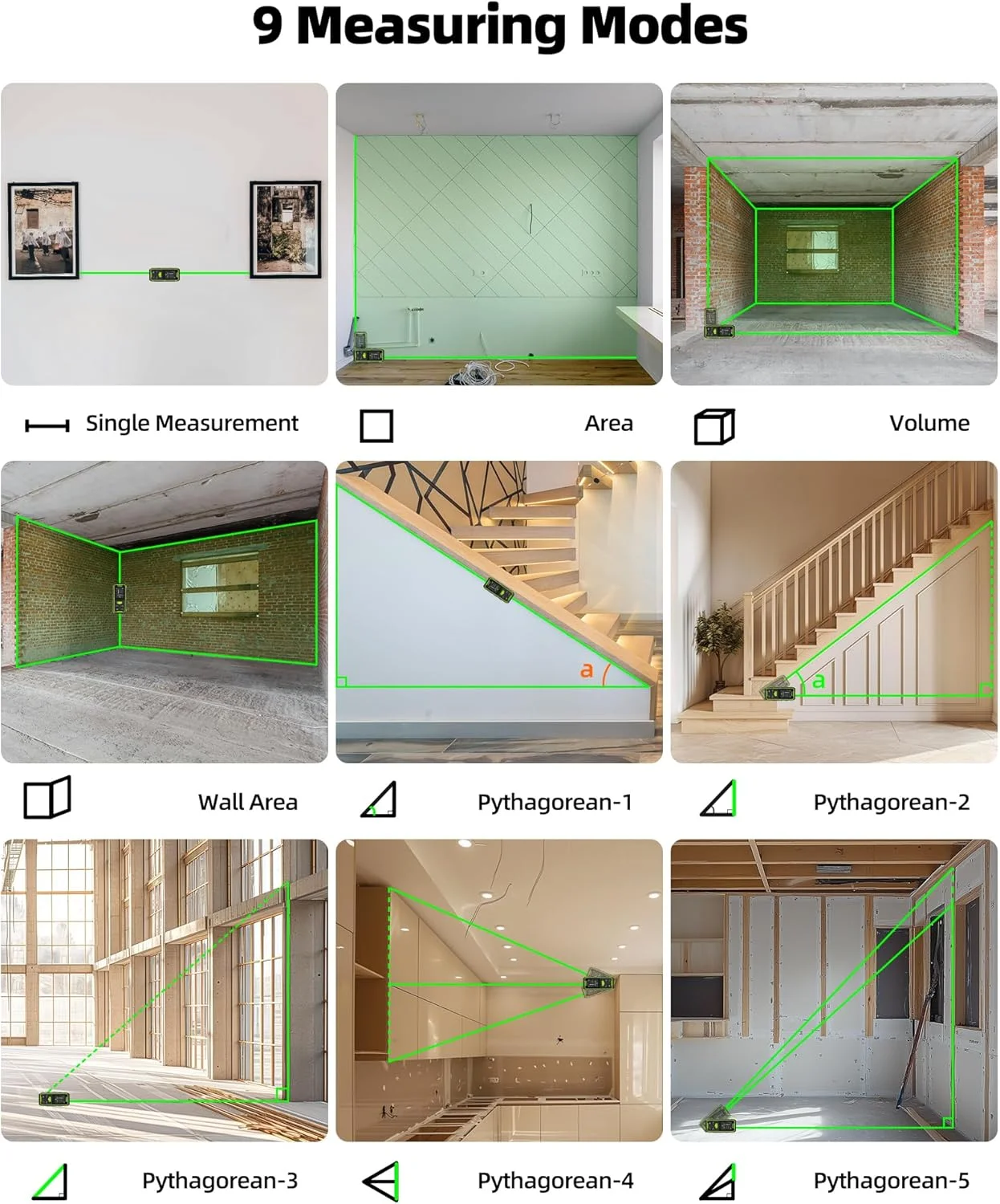 ابزار اندازه گیری لیزری دوگانه Huepar، اندازه گیری فاصله لیزری دیجیتال دو طرفه با پرتو سبز، 6 واحد فوت/اینچ/متر، ابزار اندازه گیری لیزری قابل شارژ - صفحه نمایش LCD با نور پس زمینه، سنسور طول/مساحت/حجم/زاویه
