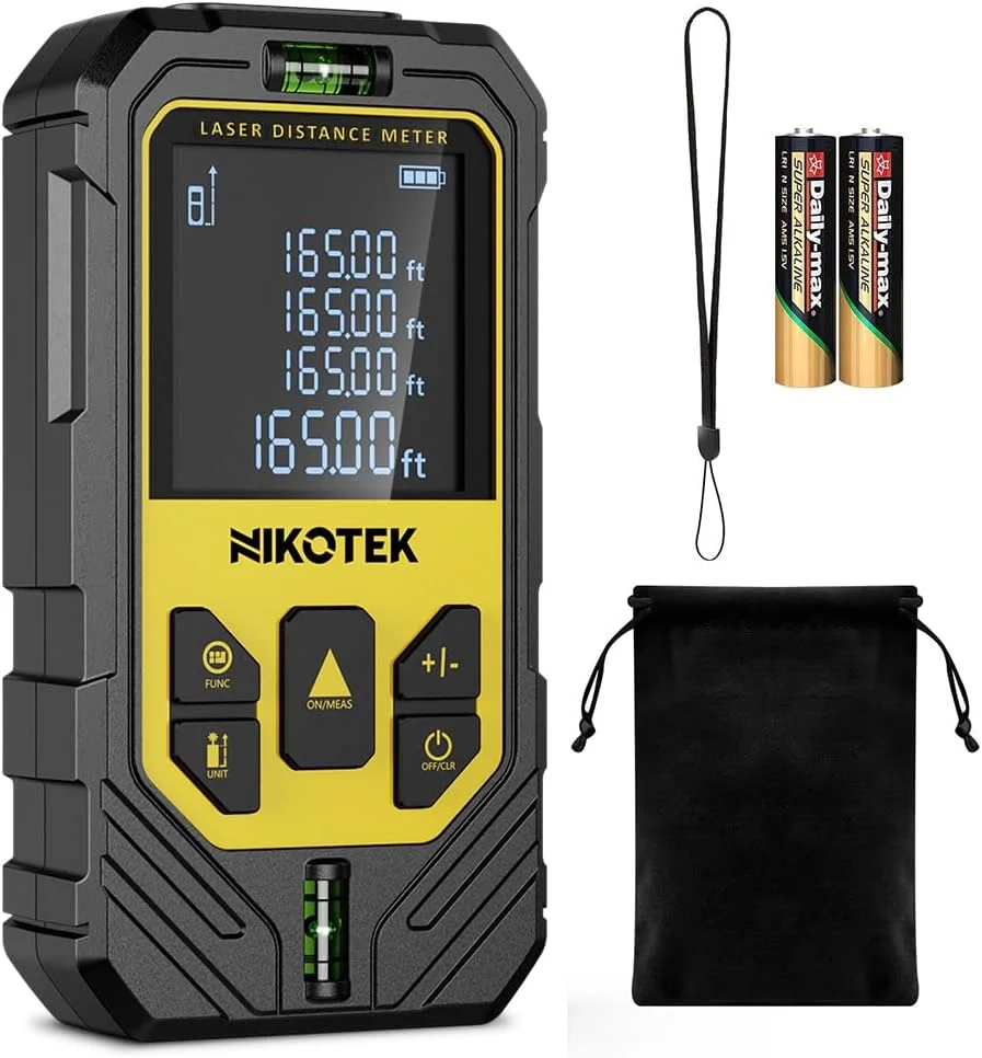 متر لیزری نیکوتک با 2 تراز حبابی و نور پس زمینه LCD، برای حالت فیثاغورس، اندازه گیری فاصله، مساحت، حجم