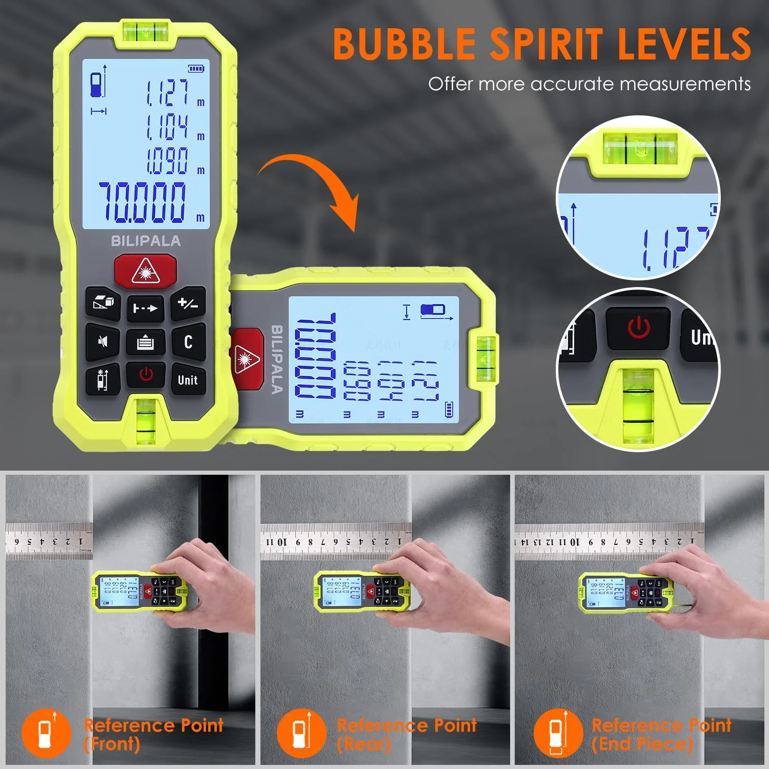 متر لیزری بیلیپالا، متر فاصله لیزری چند منظوره با قابلیت تغییر بین متر/اینچ/فوت - ایده آل برای استفاده خانگی و حرفه ای