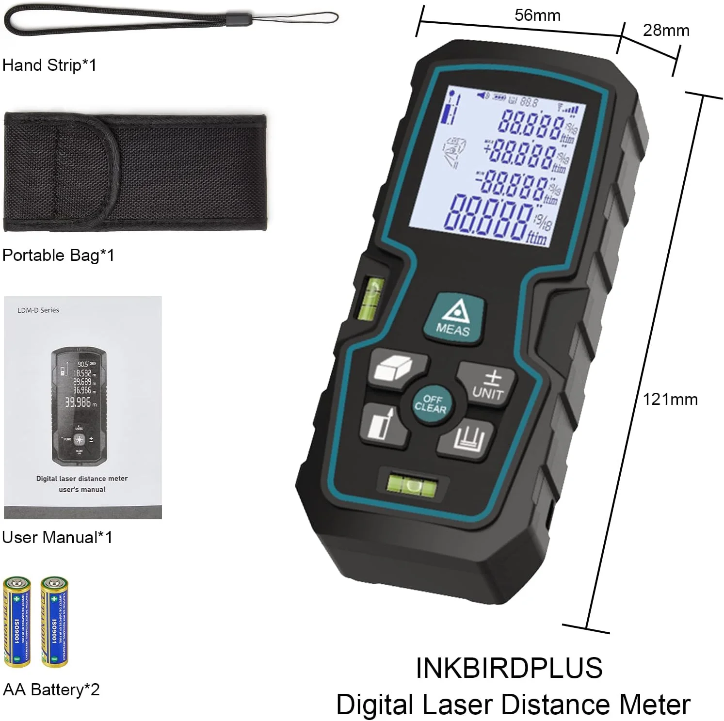 متر لیزری 50 متری INKBIRDPLUS، ذخیره 10 مجموعه داده، تغییر واحد M/in/Ft، LCD با نور پس زمینه، اندازه گیری فاصله، مساحت و حجم، کلاس 2M II، باتری شامل (50 متر)