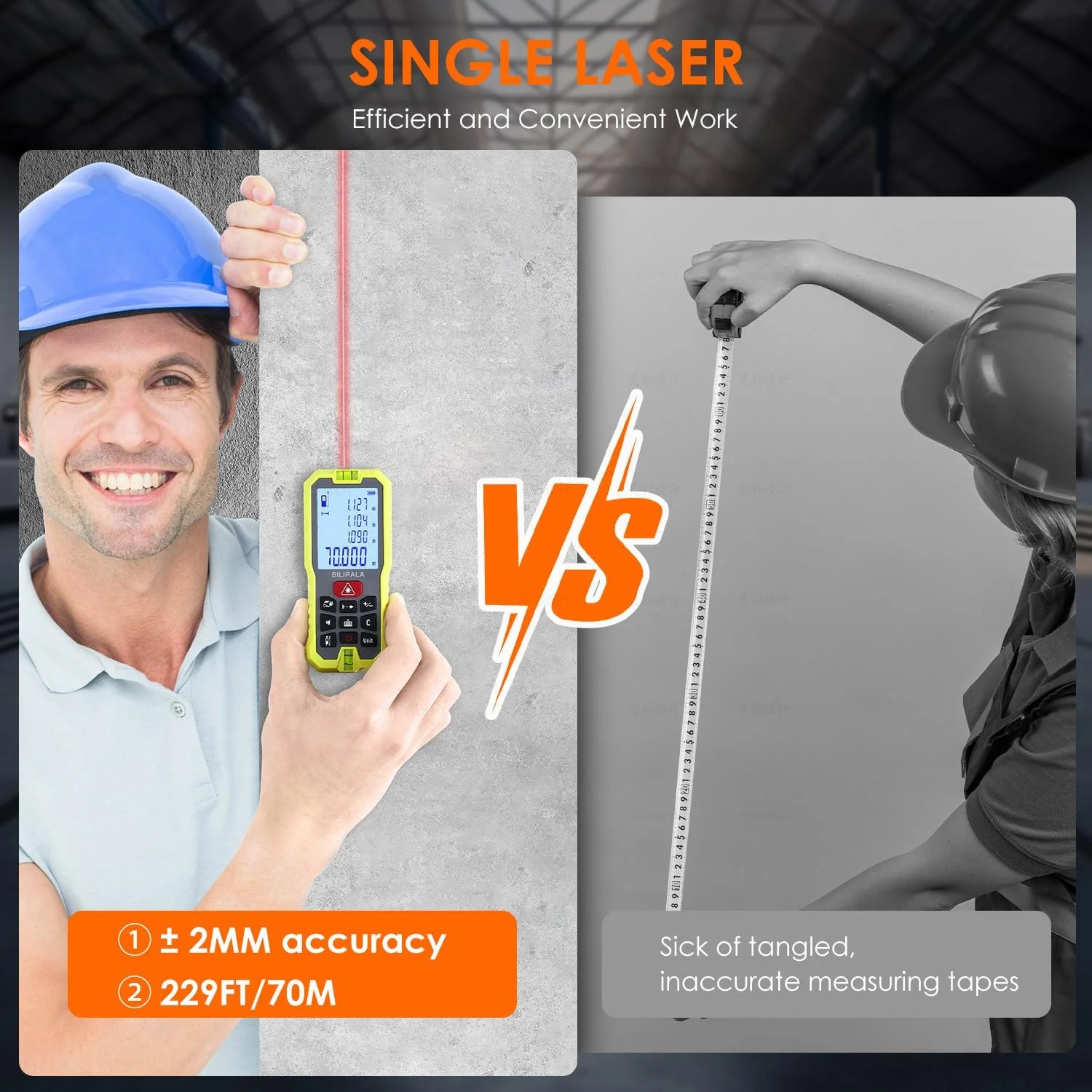 متر لیزری بیلیپالا، متر فاصله لیزری چند منظوره با قابلیت تغییر بین متر/اینچ/فوت - ایده آل برای استفاده خانگی و حرفه ای