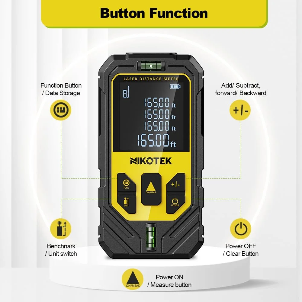 متر لیزری نیکوتک با 2 تراز حبابی و نور پس زمینه LCD، برای حالت فیثاغورس، اندازه گیری فاصله، مساحت، حجم متر لیزری نیکوتک با 2 تراز حبابی و نور پس زمینه LCD، برای حالت فیثاغورس، اندازه گیری فاصله، مساحت، حجم