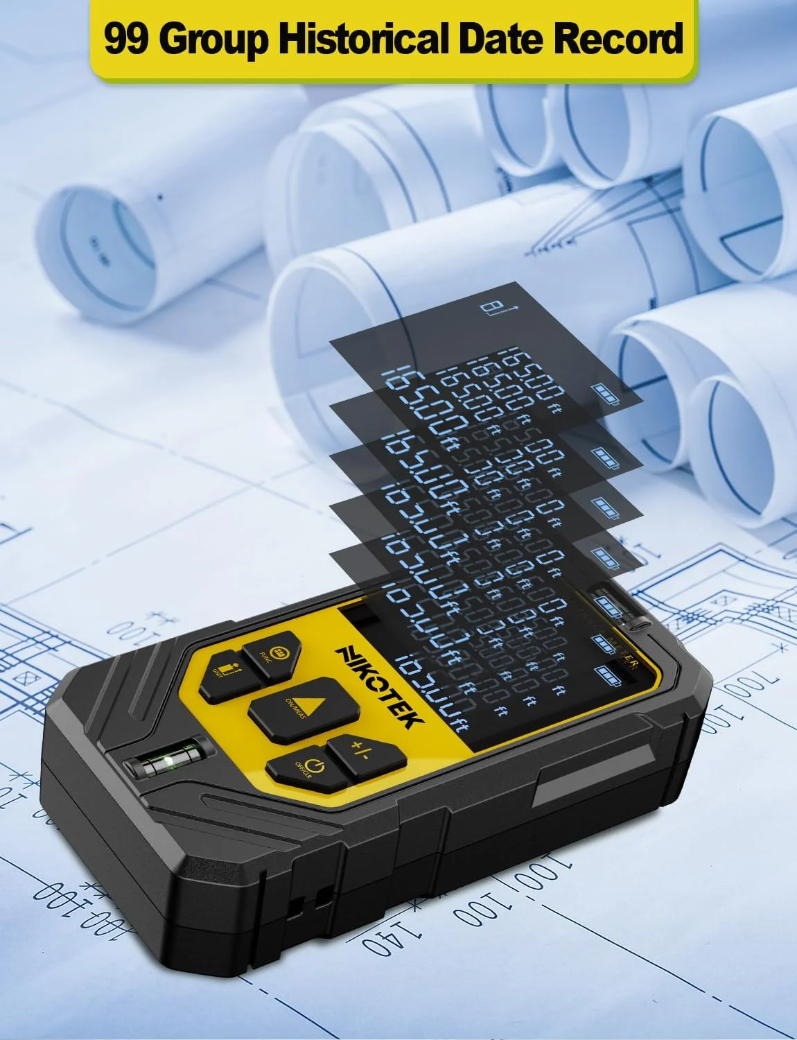 متر لیزری نیکوتک با 2 تراز حبابی و نور پس زمینه LCD، برای حالت فیثاغورس، اندازه گیری فاصله، مساحت، حجم متر لیزری نیکوتک با 2 تراز حبابی و نور پس زمینه LCD، برای حالت فیثاغورس، اندازه گیری فاصله، مساحت، حجم