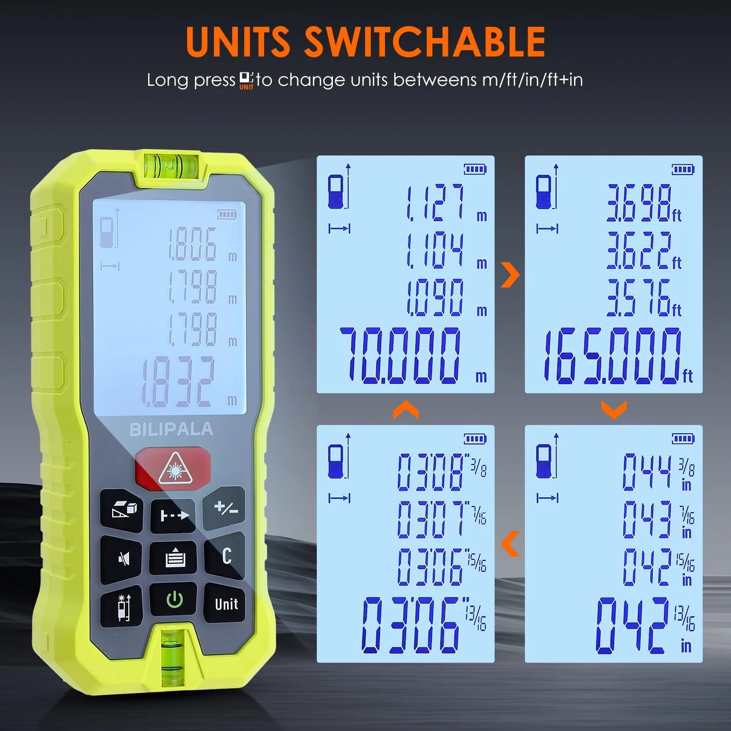 متر لیزری بیلیپالا، متر فاصله لیزری چند منظوره با قابلیت تغییر بین متر/اینچ/فوت - ایده آل برای استفاده خانگی و حرفه ای