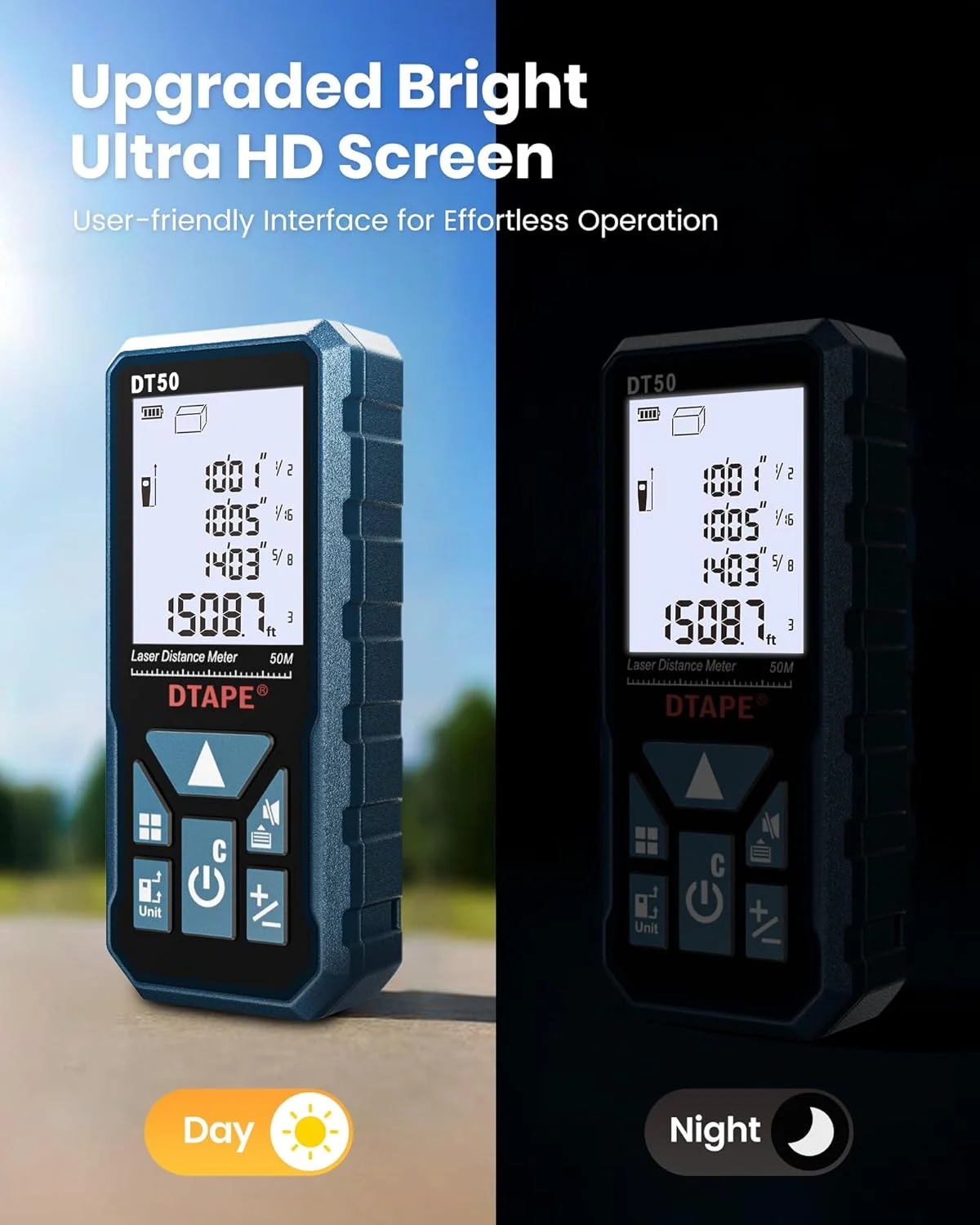 متر لیزری DTAPE، متر فاصله یاب لیزری سریع، ابزار اندازه گیری دیجیتال با دقت ارتقا یافته 2025، مسافت یاب الکتریکی با صفحه نمایش LCD با نور پس زمینه 2 اینچی، 7 حالت اندازه گیری (مساحت، حجم و موارد دیگر) 50 متر