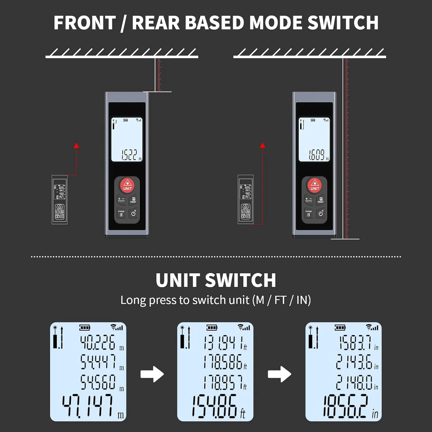 متر لیزری هایچیکا - فاصله یاب لیزری قابل شارژ 60 متری با نور پس زمینه LCD، حالت های اندازه گیری چندگانه، اندازه گیری مساحت و حجم متر لیزری هایچیکا - فاصله یاب لیزری قابل شارژ 60 متری با نور پس زمینه LCD، حالت های اندازه گیری چندگانه، اندازه گیری مساحت و حجم