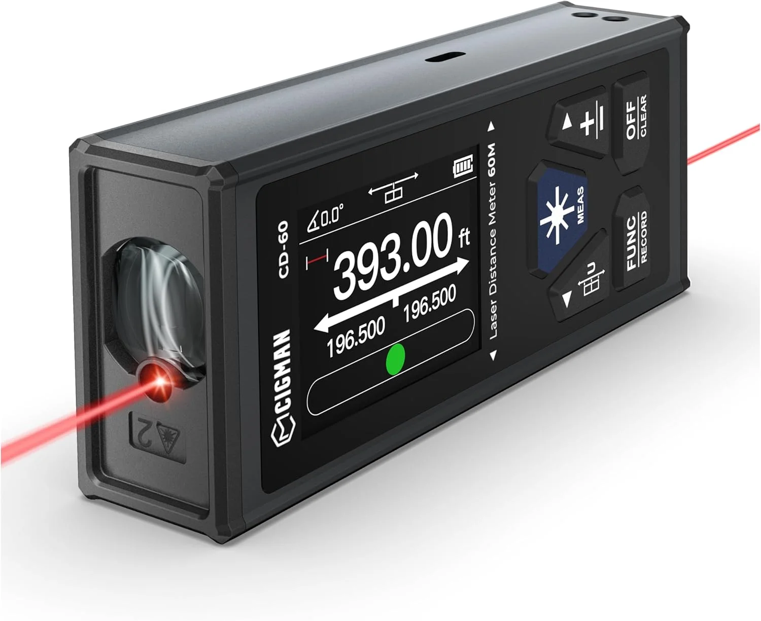 متر لیزری دوگانه CIGMAN - ابزار اندازه گیری دو طرفه 120 متری، متر لیزری قابل شارژ با واحدهای متر/اینچ/فوت