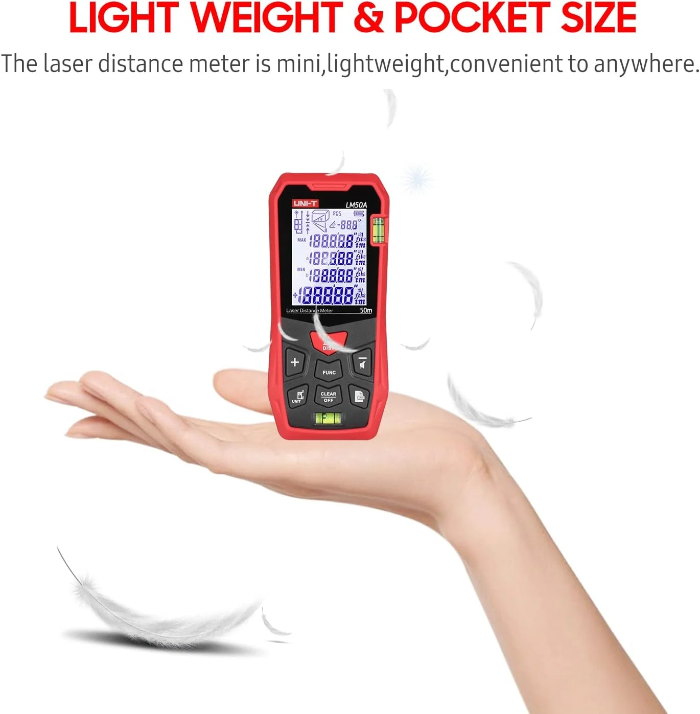 متر لیزری 50 متری یونیتی مدل LM50A با 2 تراز حبابی، صفحه نمایش LCD با نور پس زمینه، حالت فیثاغورس، اندازه گیری فاصله، مساحت، حجم، عملکرد بی صدا، ذخیره سازی 99 گروه داده به همراه کیف حمل