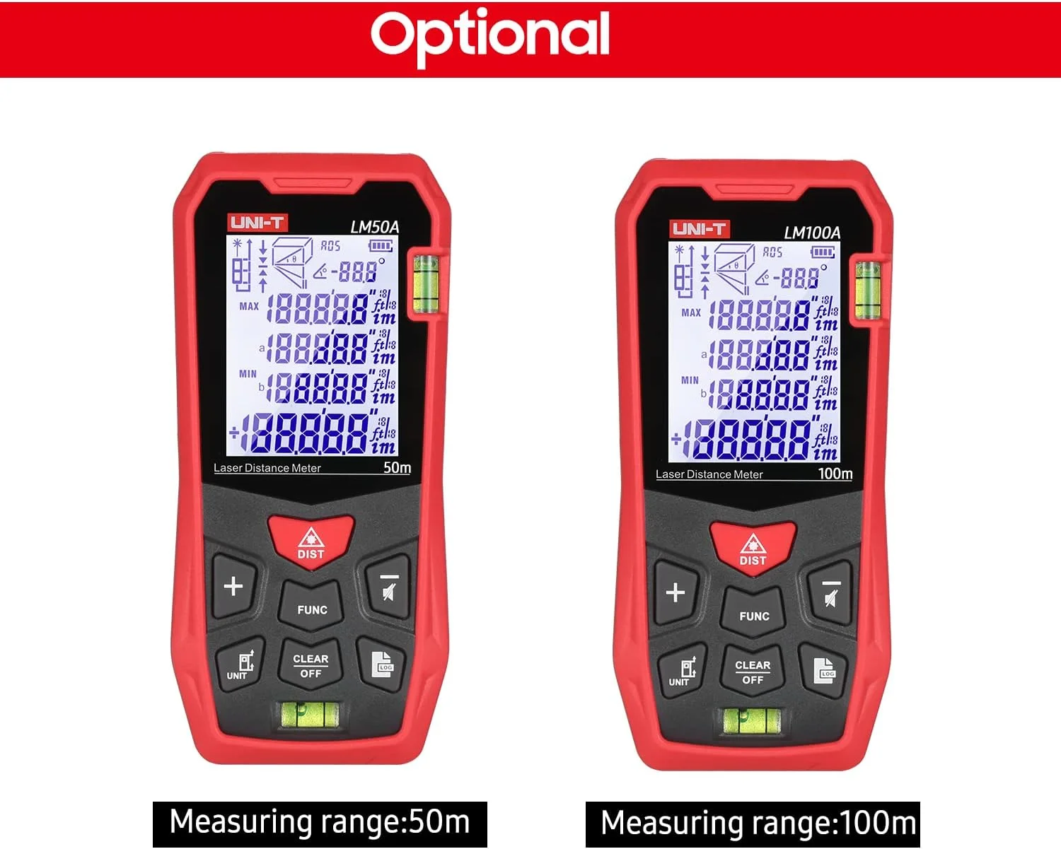 متر لیزری 50 متری یونیتی مدل LM50A با 2 تراز حبابی، صفحه نمایش LCD با نور پس زمینه، حالت فیثاغورس، اندازه گیری فاصله، مساحت، حجم، عملکرد بی صدا، ذخیره سازی 99 گروه داده به همراه کیف حمل
