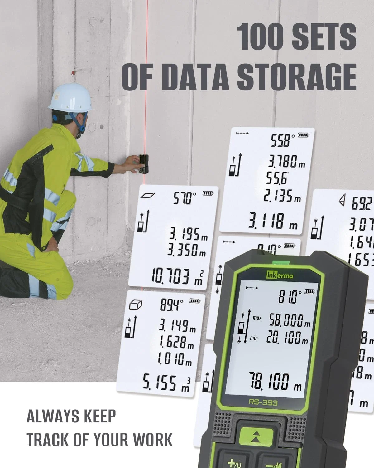 ابزار اندازه گیری لیزری دوگانه Inkerma، ابزار اندازه گیری لیزری دو طرفه، اندازه گیری لیزری قابل شارژ با سنسور زاویه، واحدهای متعدد Ft/in/M، حالت فیثاغورس، مساحت و حجم