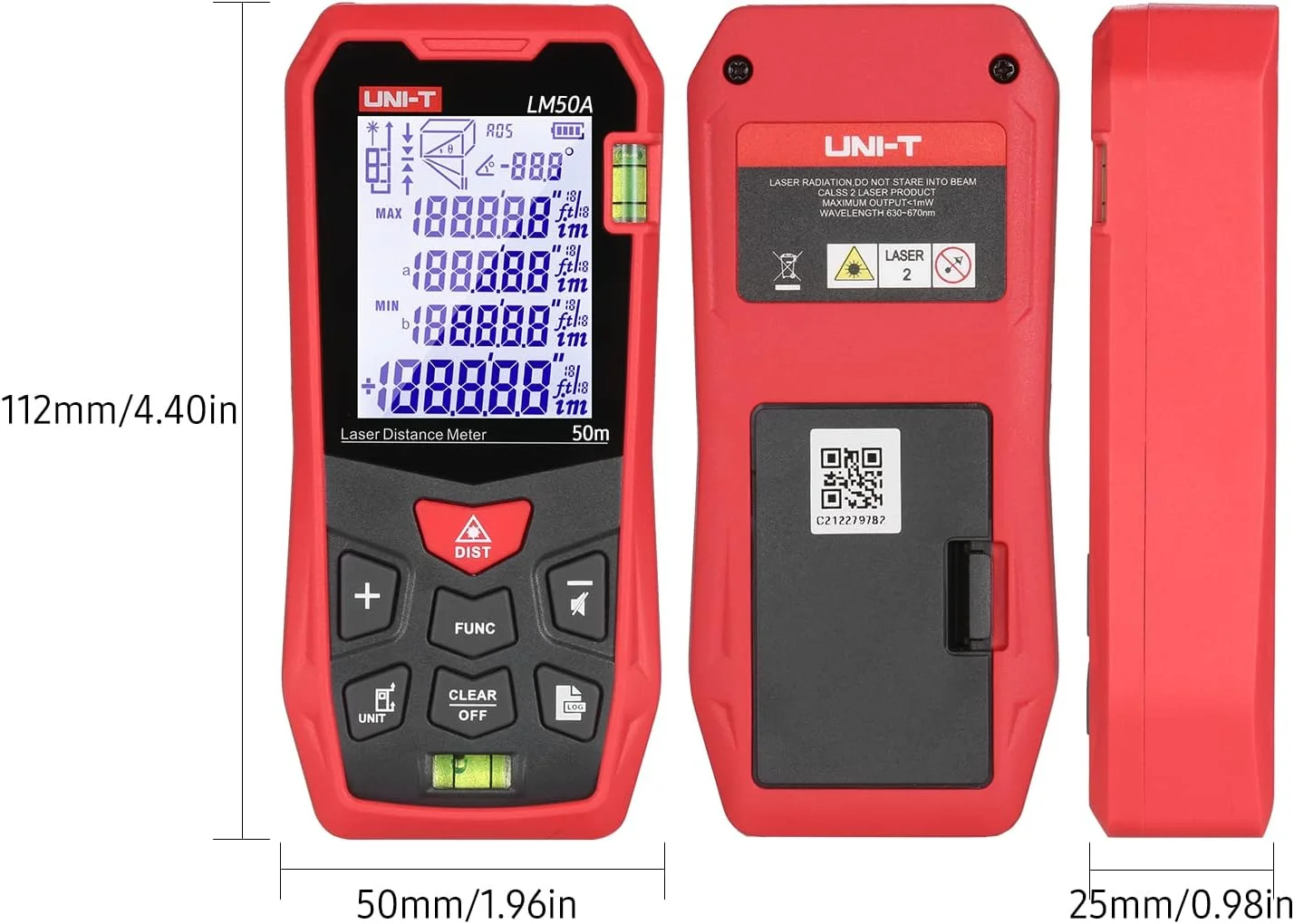 متر لیزری 50 متری یونیتی مدل LM50A با 2 تراز حبابی، صفحه نمایش LCD با نور پس زمینه، حالت فیثاغورس، اندازه گیری فاصله، مساحت، حجم، عملکرد بی صدا، ذخیره سازی 99 گروه داده به همراه کیف حمل