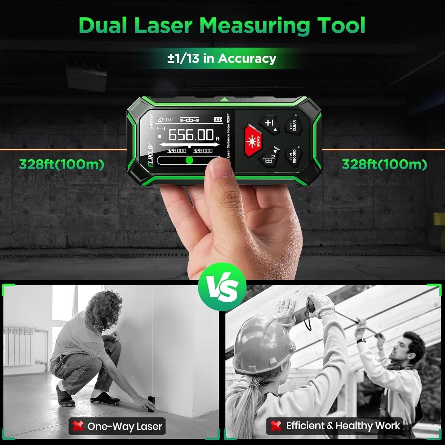 متر لیزری دیجیتال، برد 100 متر، صفحه نمایش LCD با نور پس زمینه، مشکی/سبز