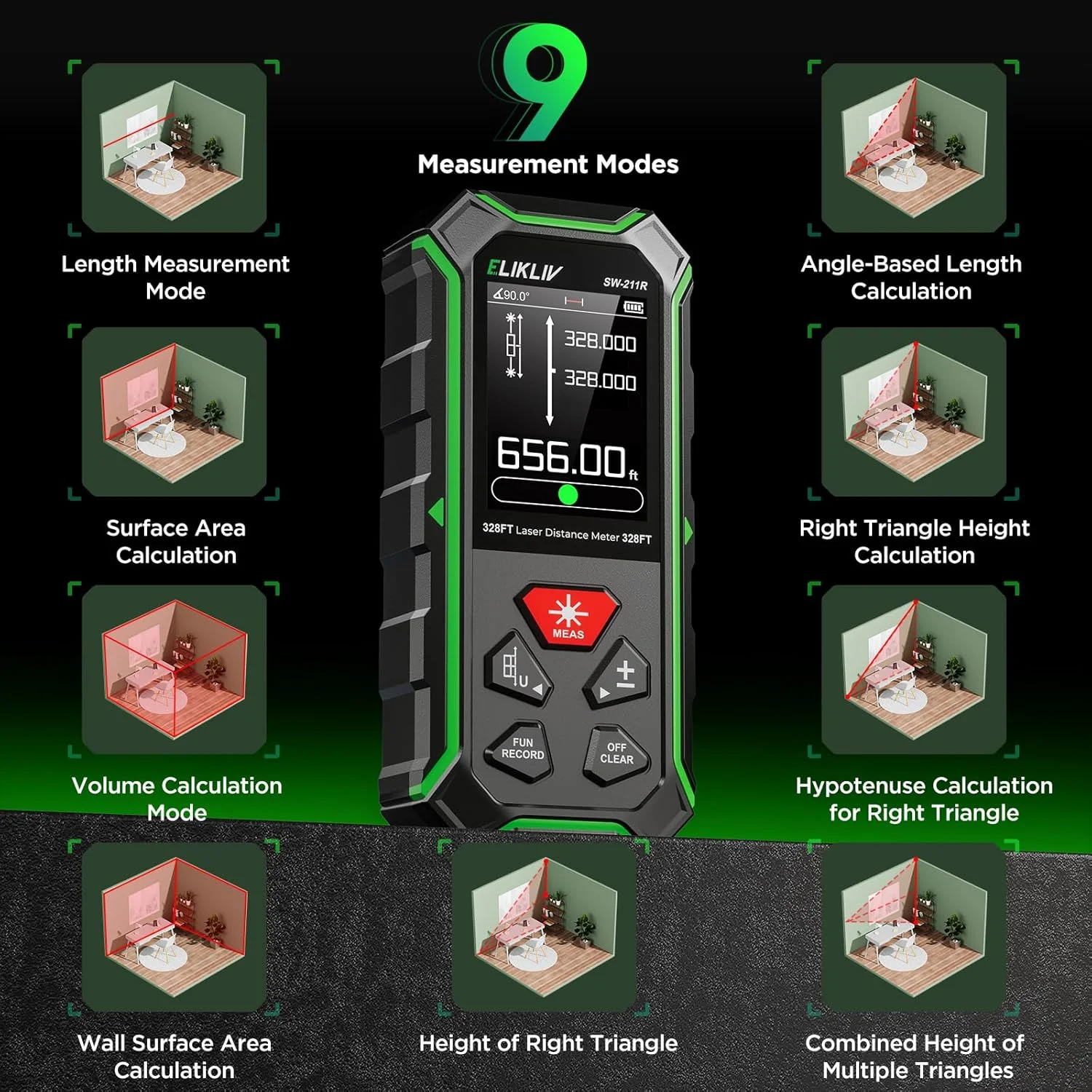 متر لیزری دیجیتال، برد 100 متر، صفحه نمایش LCD با نور پس زمینه، مشکی/سبز