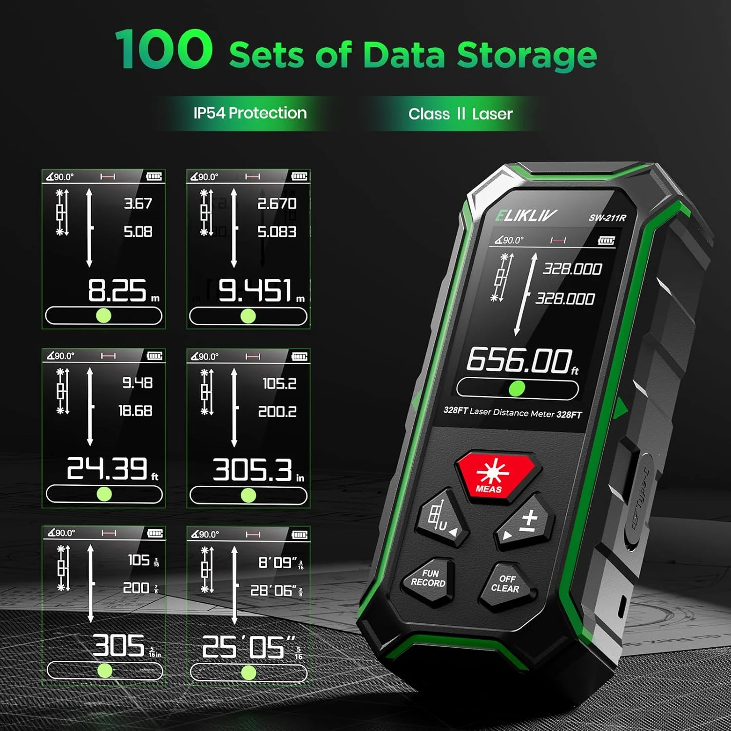متر لیزری دیجیتال، برد 100 متر، صفحه نمایش LCD با نور پس زمینه، مشکی/سبز