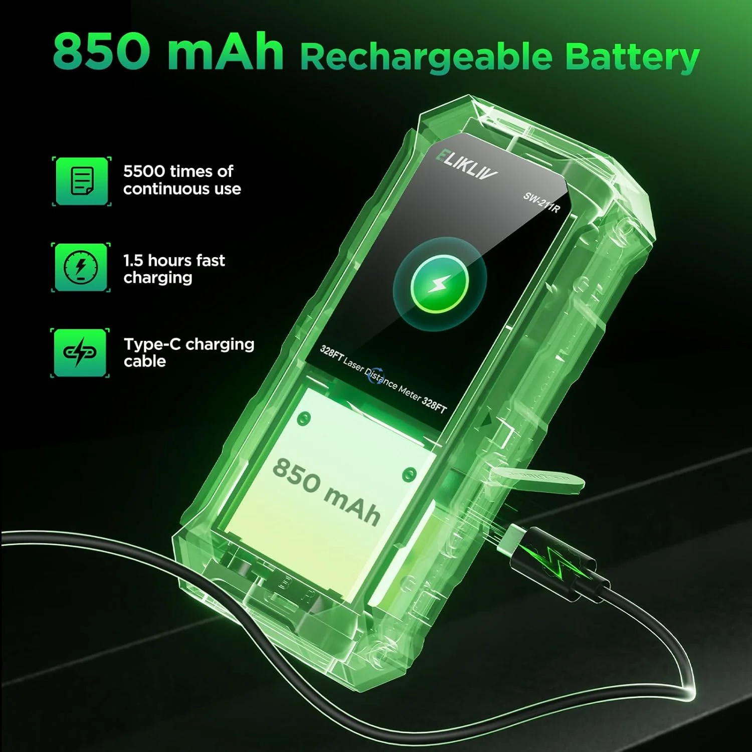 متر لیزری دیجیتال، برد 100 متر، صفحه نمایش LCD با نور پس زمینه، مشکی/سبز