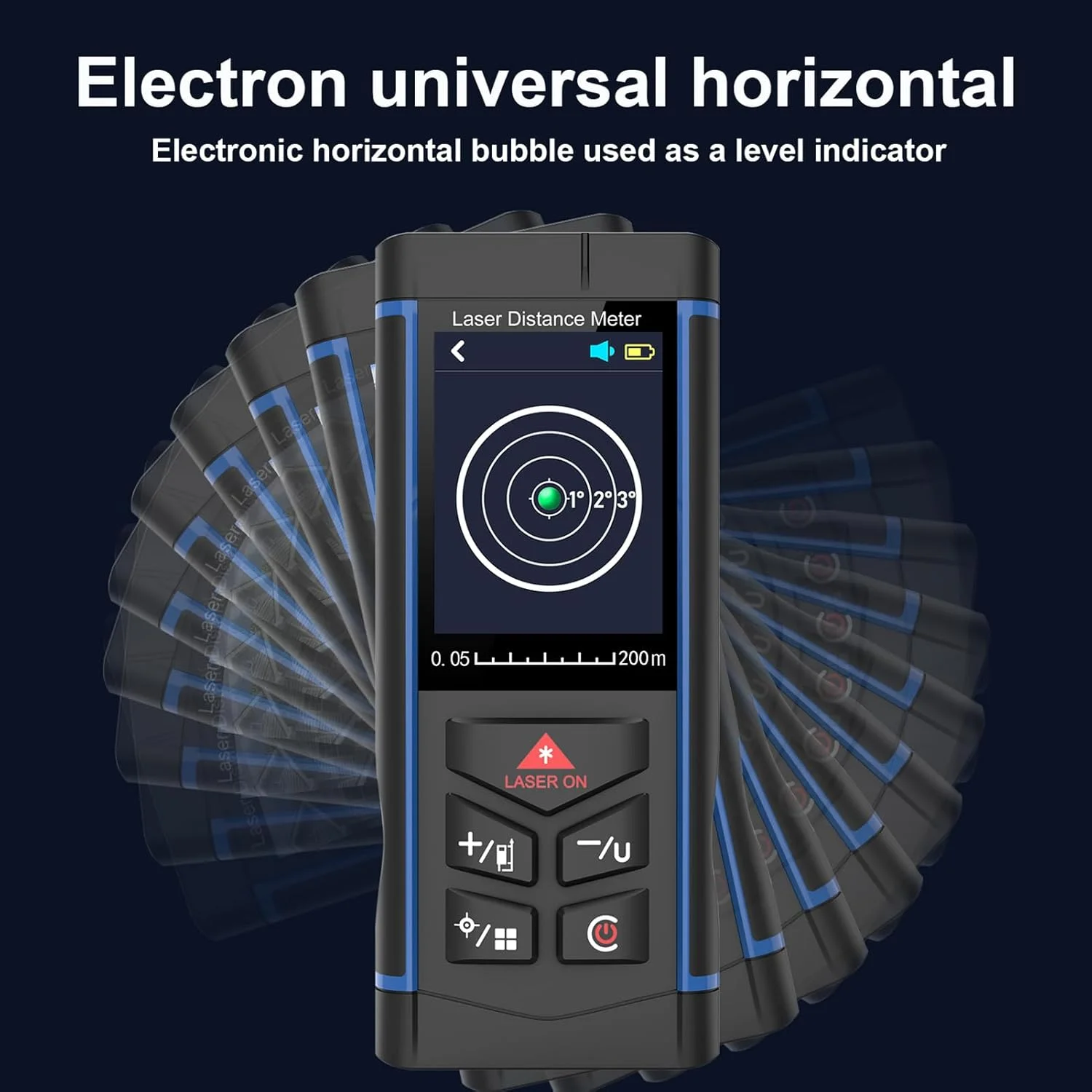 متر لیزری 200 متری با دوربین 6X، دقت ±2 میلی متر، تراز الکترونیکی، زاویه سنجی لحظه ای، مناسب فضای باز و بسته برای اندازه گیری مساحت، حجم و فاصله، به همراه سه پایه