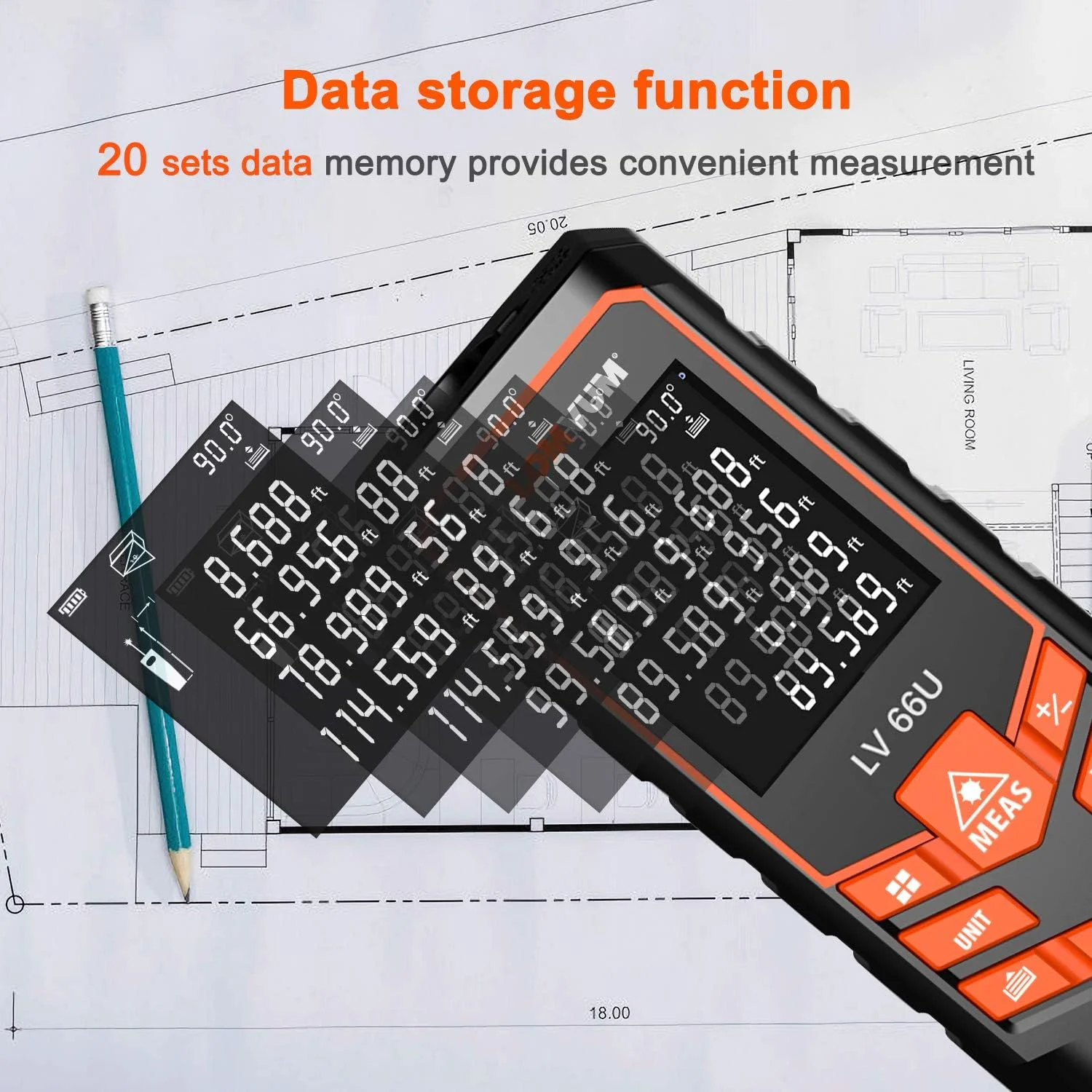 متر لیزری دیجیتال LOMVUM با صفحه نمایش LCD دارای نور پس زمینه و حالت فیثاغورس، اندازه گیری فاصله، مساحت و حجم - شامل کیف حمل و باتری