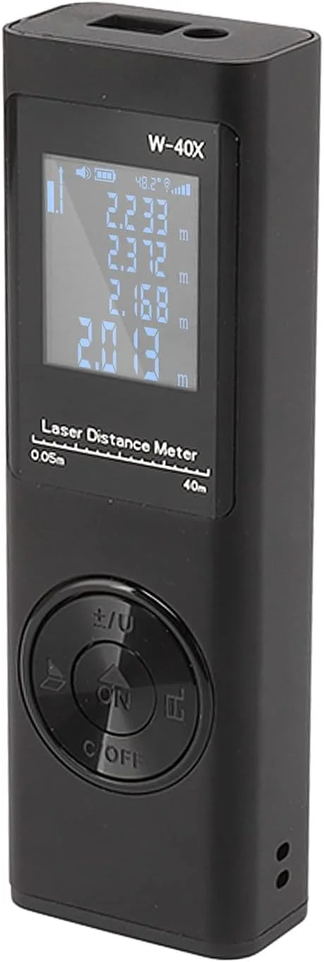 متر لیزری سوراندی 40 متری، متر فاصله یاب لیزری دیجیتال با تراز الکترونیکی، LCD با نور پس زمینه و حالت فیثاغورس، مساحت و حجم، قابل شارژ، ابزار اندازه گیری لیزری
