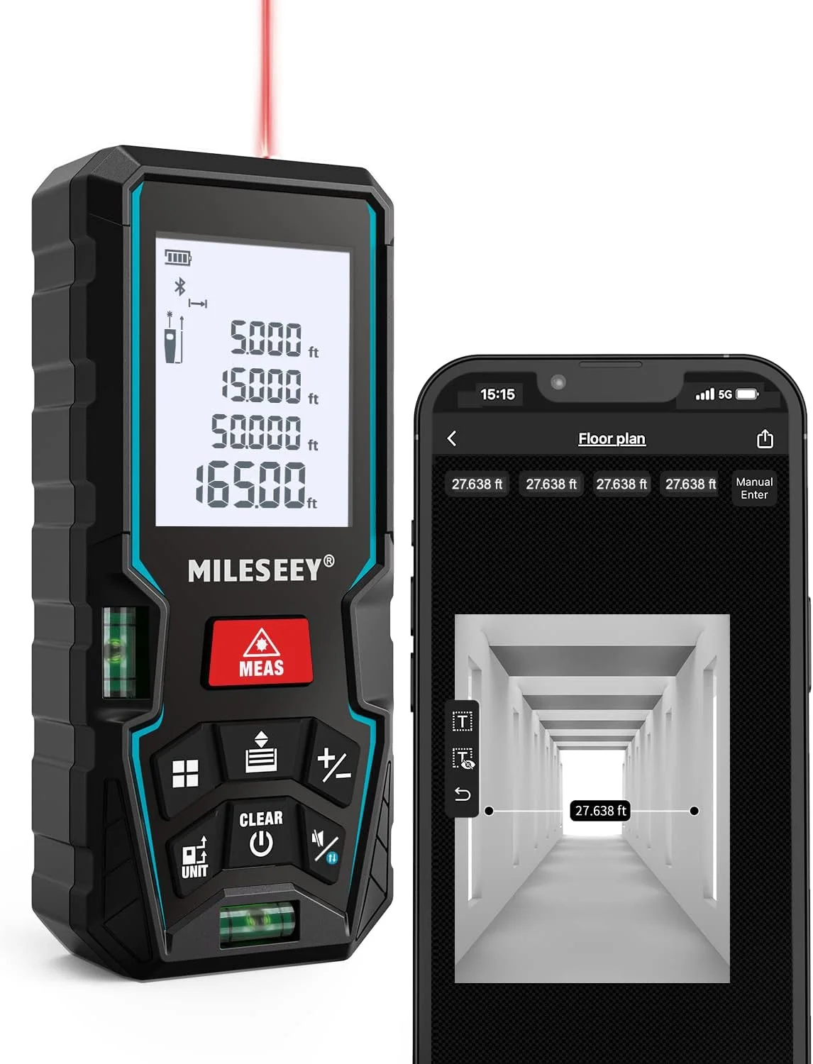 دستگاه اندازه گیری لیزری، متر فاصله لیزری MiLESEEY با 2 تراز حبابی، دقت ±2 میلی متر، نور پس زمینه LCD 2 اینچی، حالت فیثاغورس، اندازه گیری فاصله، محاسبه مساحت/حجم