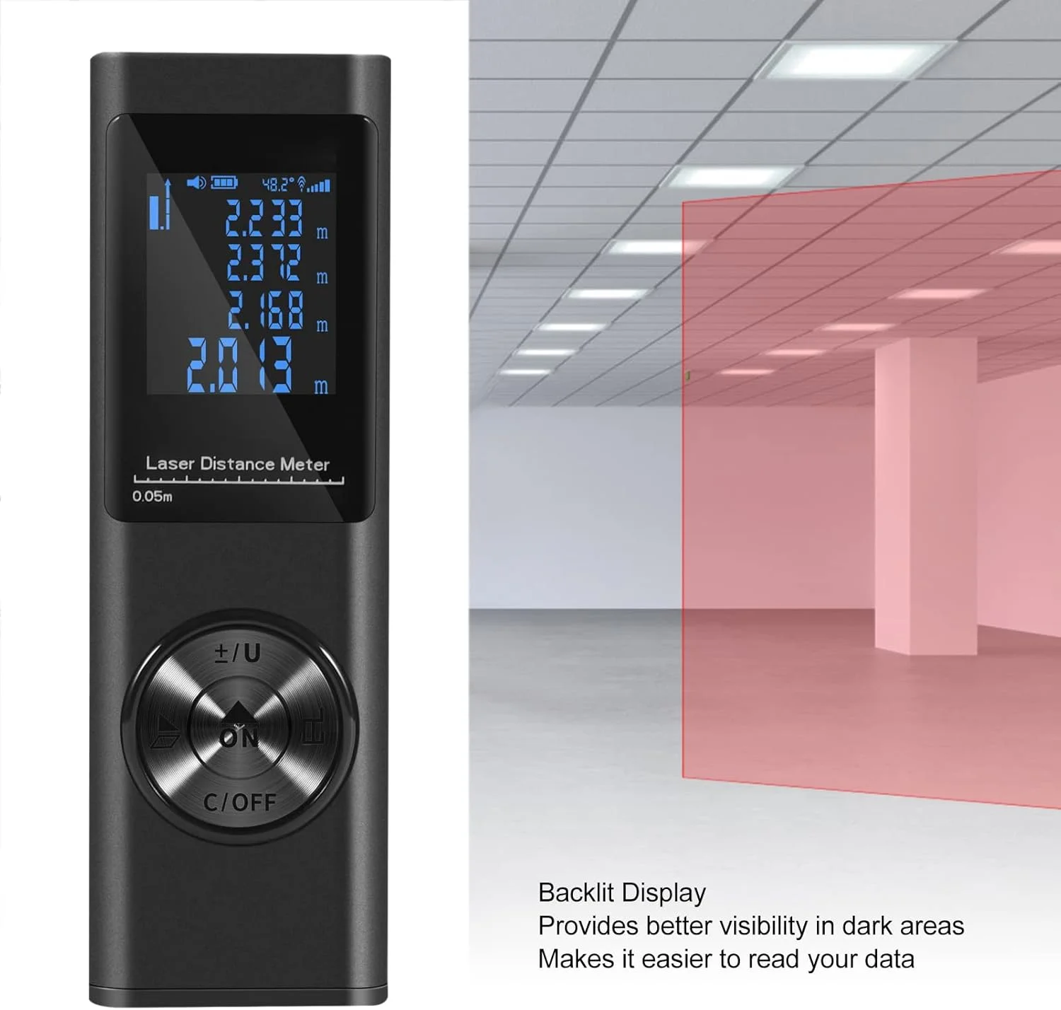متر لیزری سوراندی 40 متری، متر فاصله یاب لیزری دیجیتال با تراز الکترونیکی، LCD با نور پس زمینه و حالت فیثاغورس، مساحت و حجم، قابل شارژ، ابزار اندازه گیری لیزری