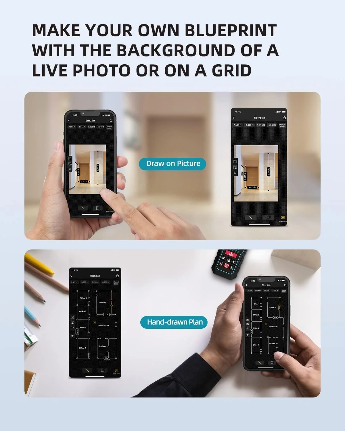 دستگاه اندازه گیری لیزری، متر فاصله لیزری MiLESEEY با 2 تراز حبابی، دقت ±2 میلی متر، نور پس زمینه LCD 2 اینچی، حالت فیثاغورس، اندازه گیری فاصله، محاسبه مساحت/حجم