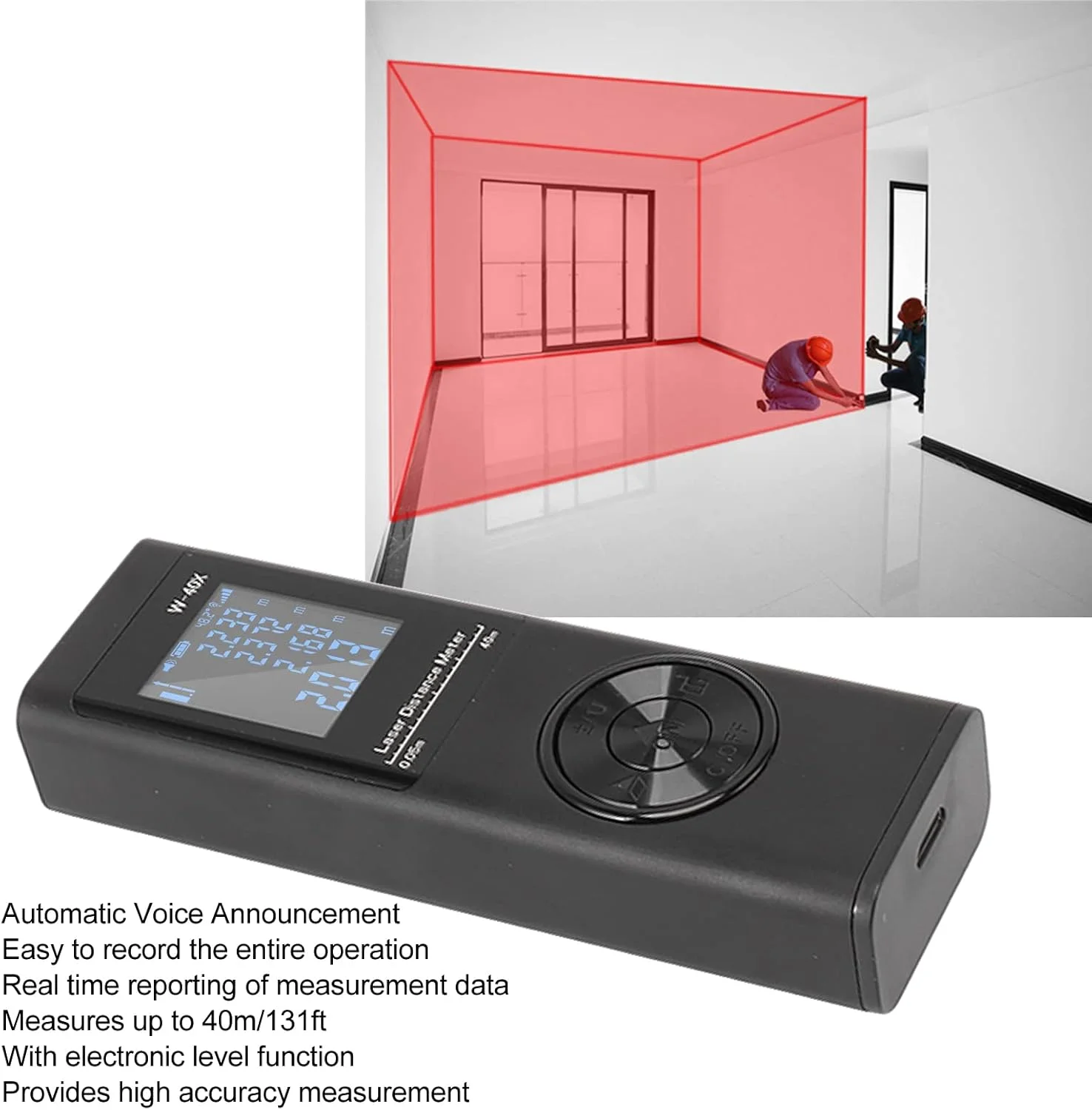 متر لیزری سوراندی 40 متری، متر فاصله یاب لیزری دیجیتال با تراز الکترونیکی، LCD با نور پس زمینه و حالت فیثاغورس، مساحت و حجم، قابل شارژ، ابزار اندازه گیری لیزری