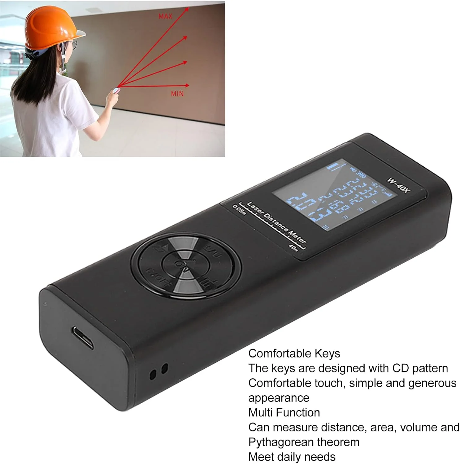 متر لیزری سوراندی 40 متری، متر فاصله یاب لیزری دیجیتال با تراز الکترونیکی، LCD با نور پس زمینه و حالت فیثاغورس، مساحت و حجم، قابل شارژ، ابزار اندازه گیری لیزری