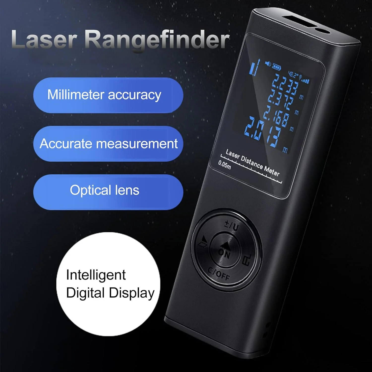 متر لیزری سوراندی 40 متری، متر فاصله یاب لیزری دیجیتال با تراز الکترونیکی، LCD با نور پس زمینه و حالت فیثاغورس، مساحت و حجم، قابل شارژ، ابزار اندازه گیری لیزری