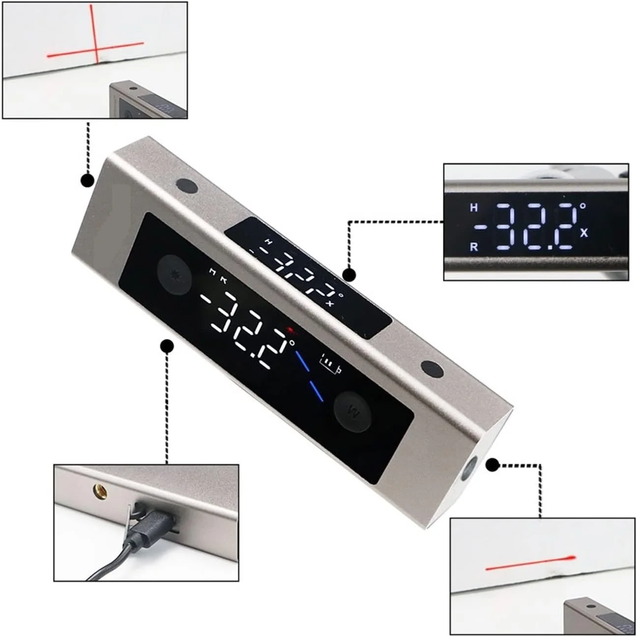 فاصله سنج لیزری، نقاله، شیب سنج دیجیتال، زاویه سنج لیزری، خط کش لیزری با LCD بزرگ، زاویه یاب با شارژ Type-C، اندازه گیری لیزری دقیق و با دقت بالا