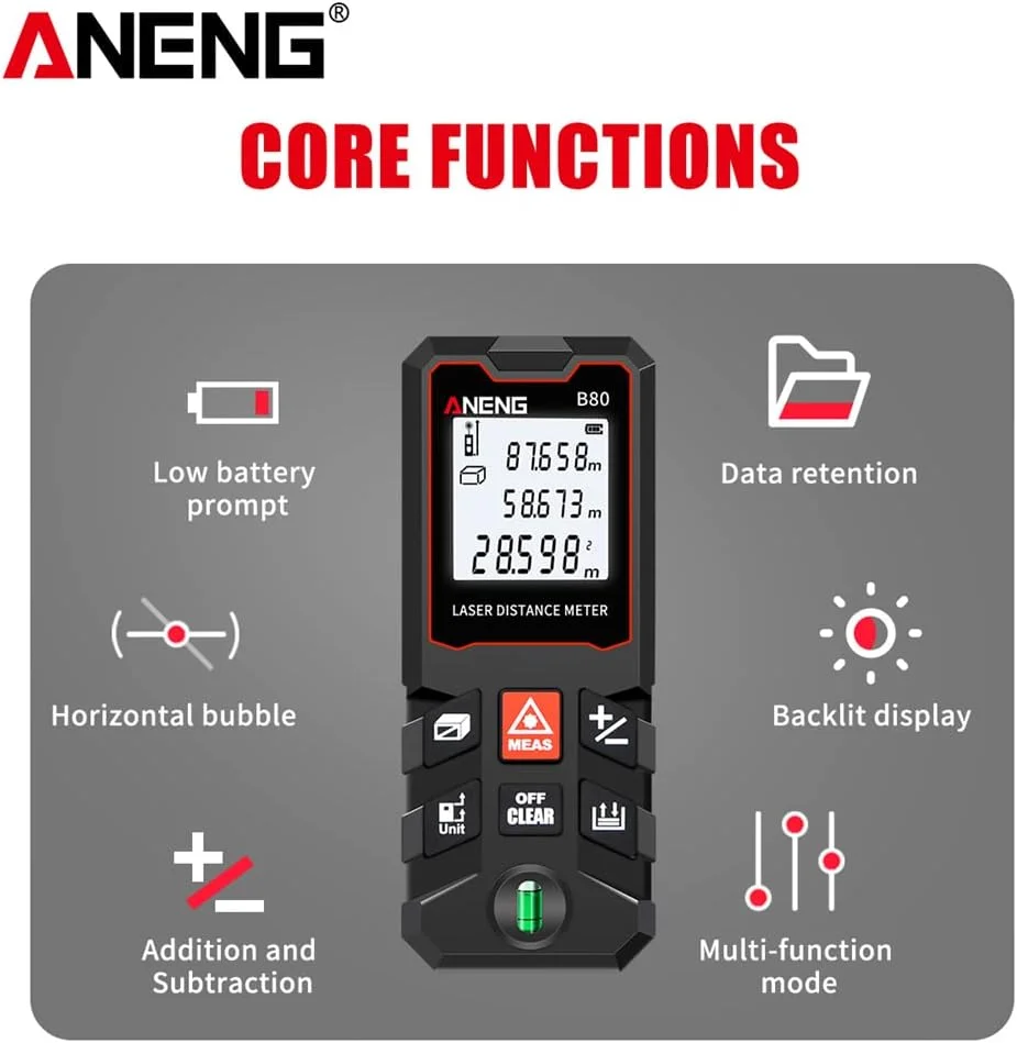 فاصله یاب لیزری 80 متری با صفحه نمایش LCD، ابزار اندازه گیری فاصله/مساحت/حجم/فیثاغورث، تعویض واحد، ذخیره سازی داده