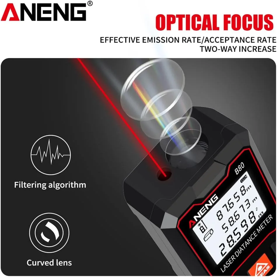 فاصله یاب لیزری 80 متری با صفحه نمایش LCD، ابزار اندازه گیری فاصله/مساحت/حجم/فیثاغورث، تعویض واحد، ذخیره سازی داده