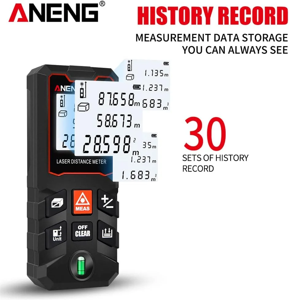 فاصله یاب لیزری 80 متری با صفحه نمایش LCD، ابزار اندازه گیری فاصله/مساحت/حجم/فیثاغورث، تعویض واحد، ذخیره سازی داده