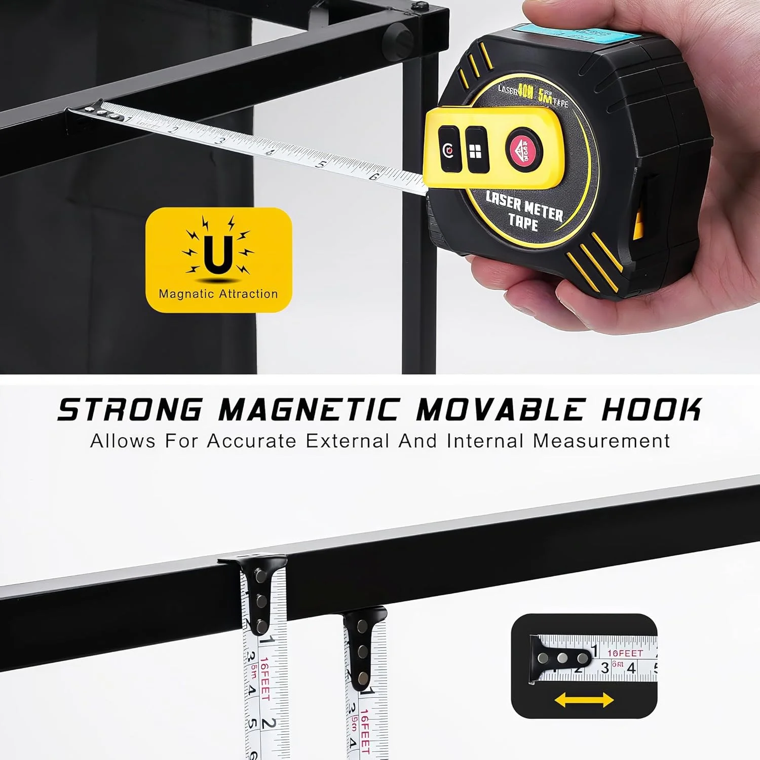 متر لیزری دیجیتال، فاصله یاب لیزری 40 متری و متر نواری 5 متری 2 در 1، اندازه گیری لیزری مساحت و حجم برای ساخت و ساز و نجاری