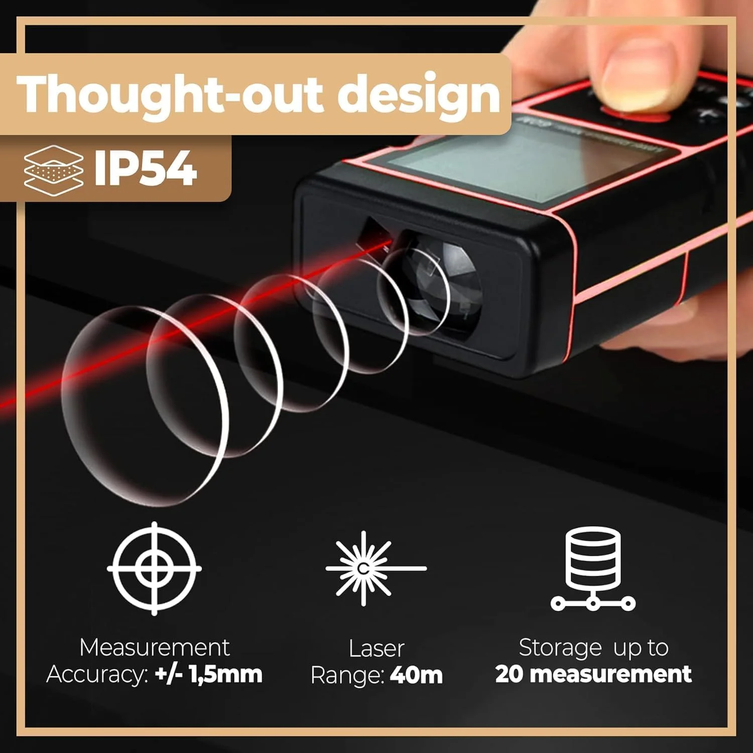 متر لیزری 40 متری Derovan – اندازه گیری زنده، صفحه نمایش دارای نور پس زمینه، تراز داخلی، دارای استاندارد IP54، اندازه گیری فاصله، مساحت، حجم، فیثاغورس | دستگاه اندازه گیری لیزری دیجیتال دقیق