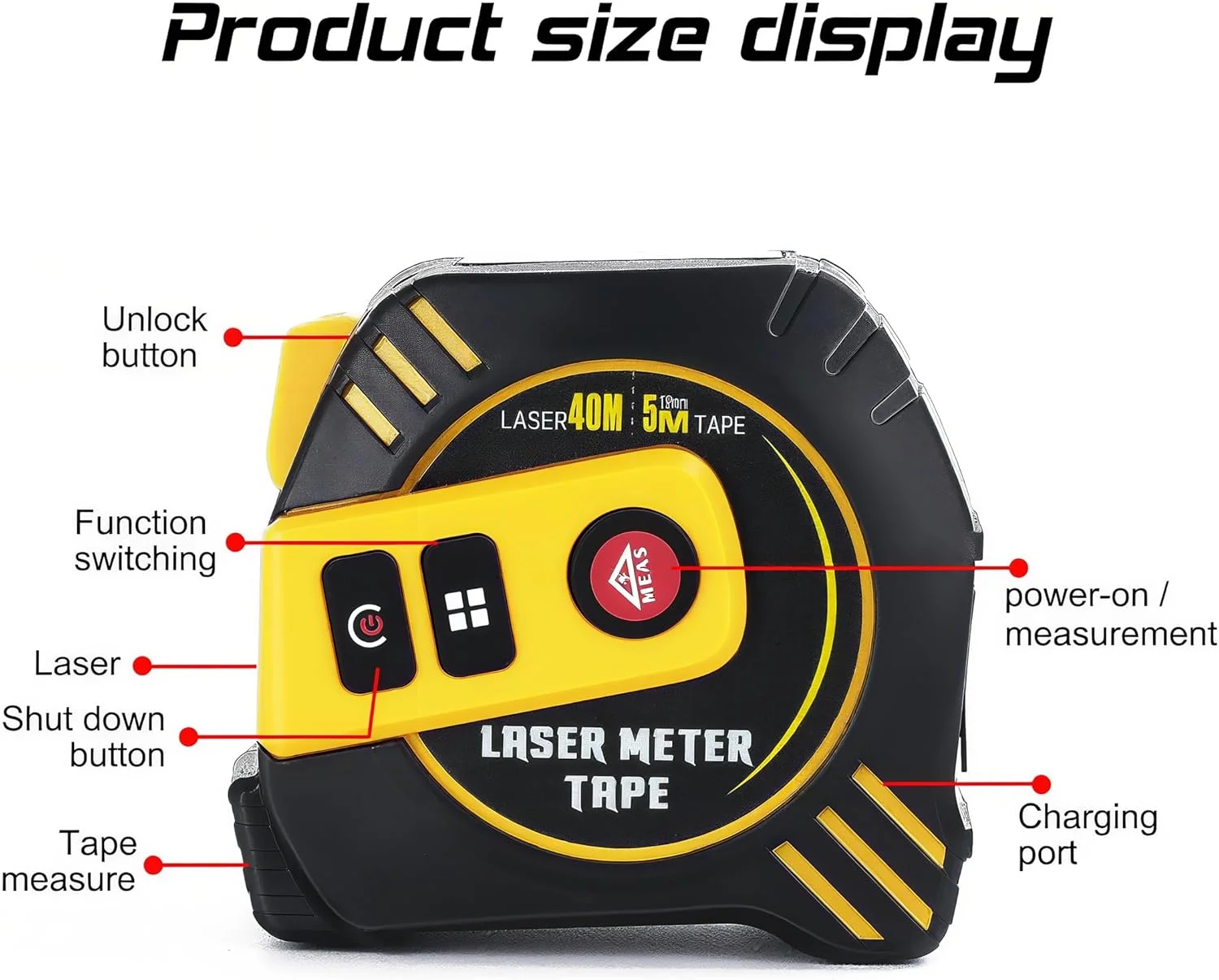 متر لیزری دیجیتال، فاصله یاب لیزری 40 متری و متر نواری 5 متری 2 در 1، اندازه گیری لیزری مساحت و حجم برای ساخت و ساز و نجاری