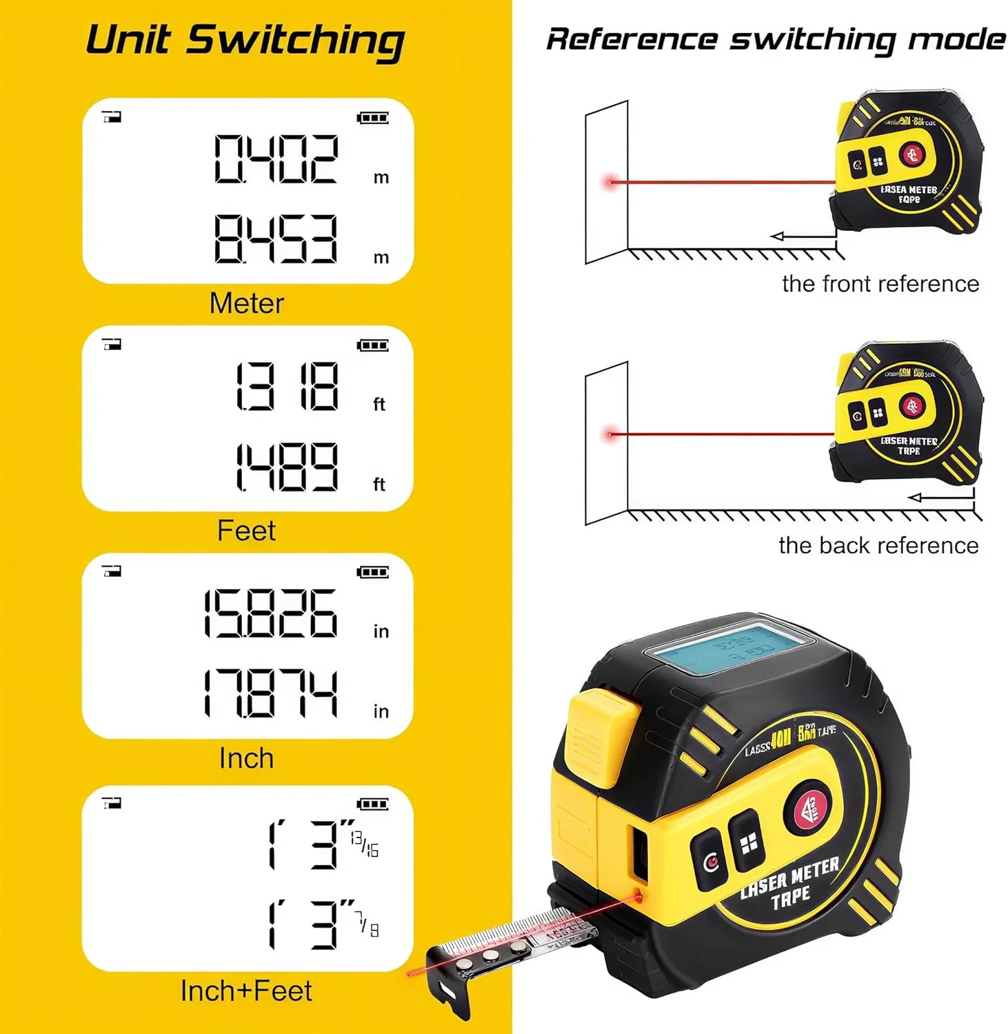 متر لیزری دیجیتال، فاصله یاب لیزری 40 متری و متر نواری 5 متری 2 در 1، اندازه گیری لیزری مساحت و حجم برای ساخت و ساز و نجاری