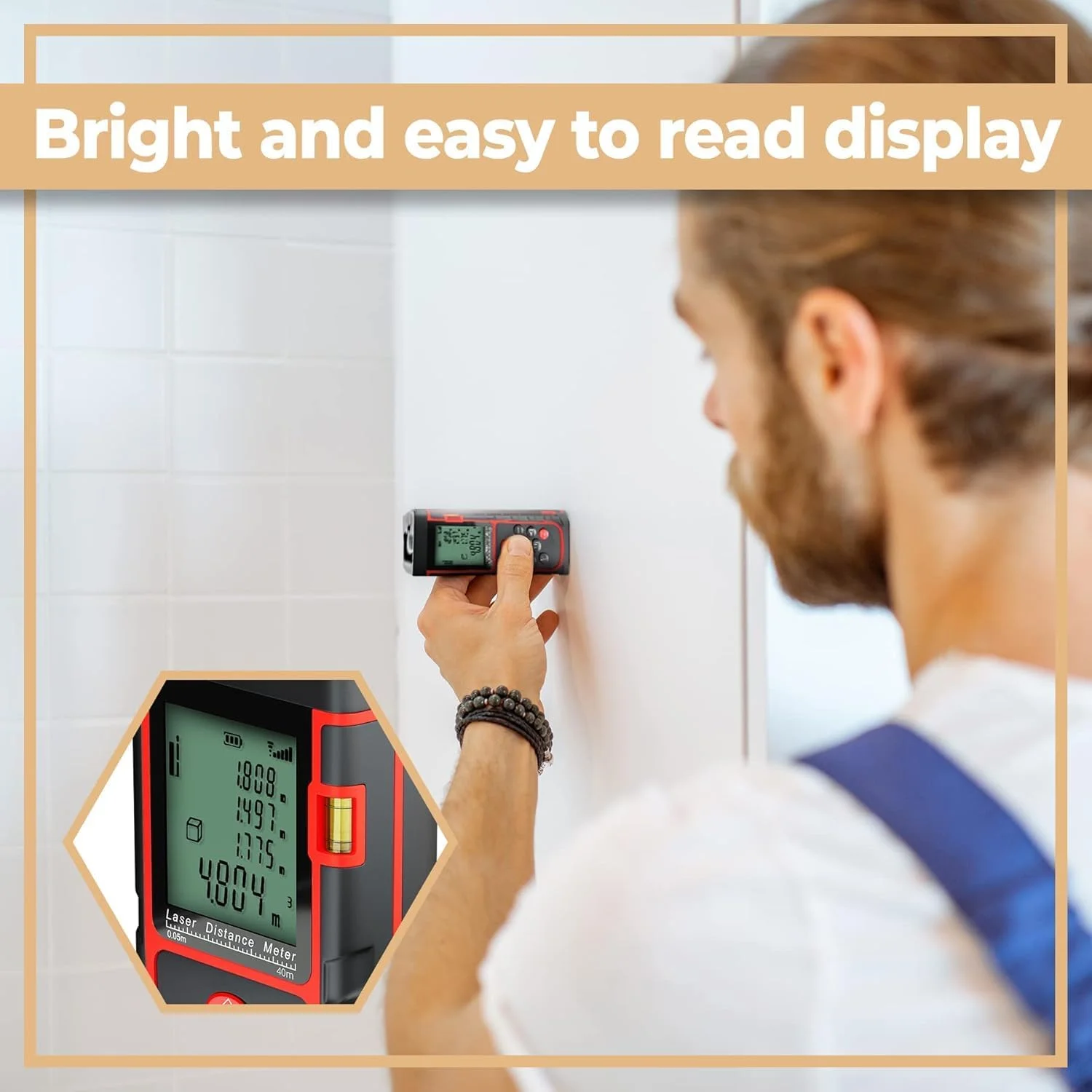 متر لیزری 40 متری Derovan – اندازه گیری زنده، صفحه نمایش دارای نور پس زمینه، تراز داخلی، دارای استاندارد IP54، اندازه گیری فاصله، مساحت، حجم، فیثاغورس | دستگاه اندازه گیری لیزری دیجیتال دقیق
