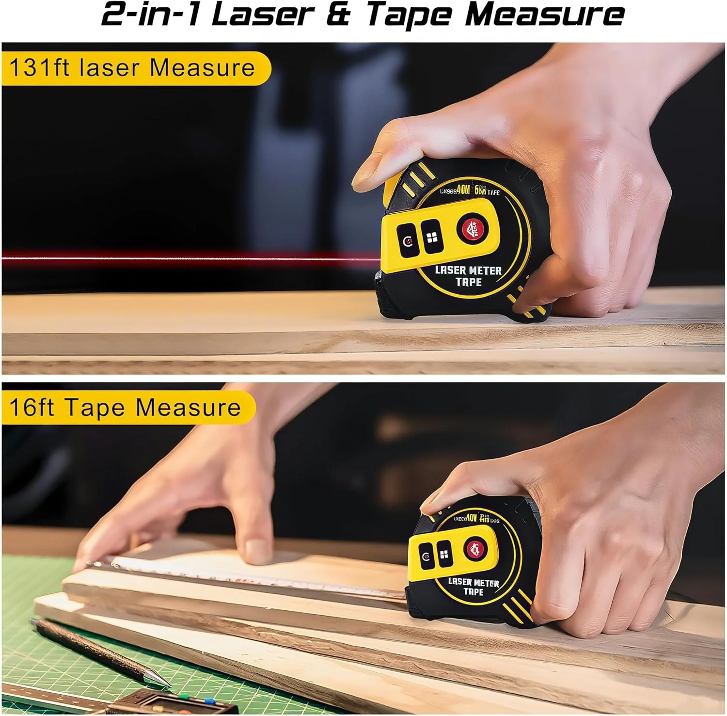 متر لیزری دیجیتال، فاصله یاب لیزری 40 متری و متر نواری 5 متری 2 در 1، اندازه گیری لیزری مساحت و حجم برای ساخت و ساز و نجاری