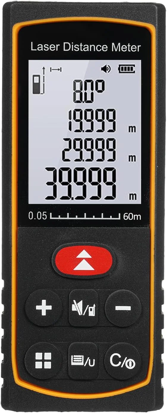 متر لیزری Domary، 60 متر / 197 فوت، ابزار اندازه گیری دیجیتال قابل حمل با سنسور زاویه الکترونیکی، تعویض واحد m/ft/in، اندازه گیری فاصله/مساحت/حجم/فیثاغورث