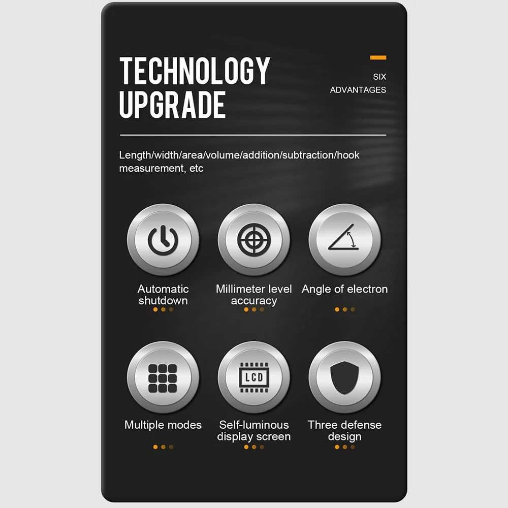 متر لیزری Domary، 60 متر / 197 فوت، ابزار اندازه گیری دیجیتال قابل حمل با سنسور زاویه الکترونیکی، تعویض واحد m/ft/in، اندازه گیری فاصله/مساحت/حجم/فیثاغورث
